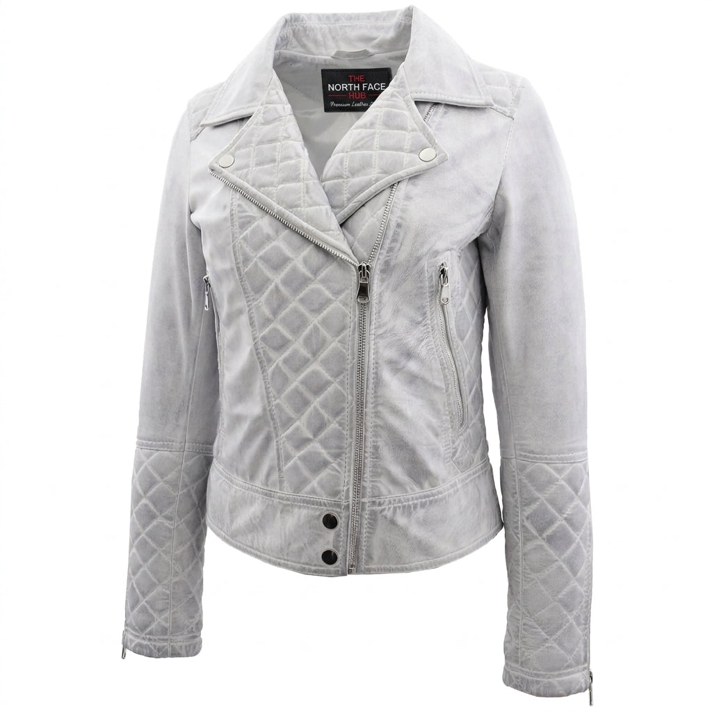 Womens Leather Biker Jacket with Quilt Detail Vintage Astral White