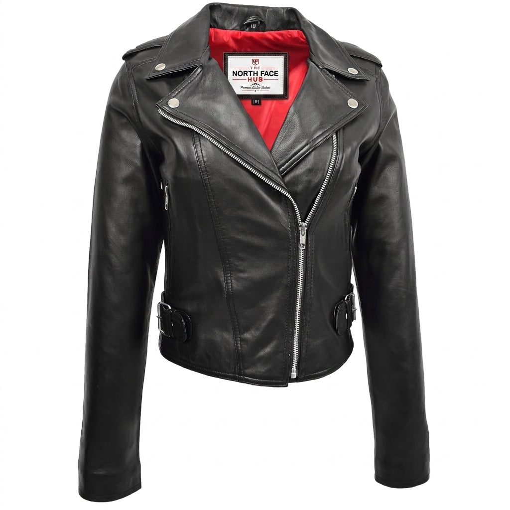 Womens Leather Biker Style Emma Cross Zip Jacket Nova Black