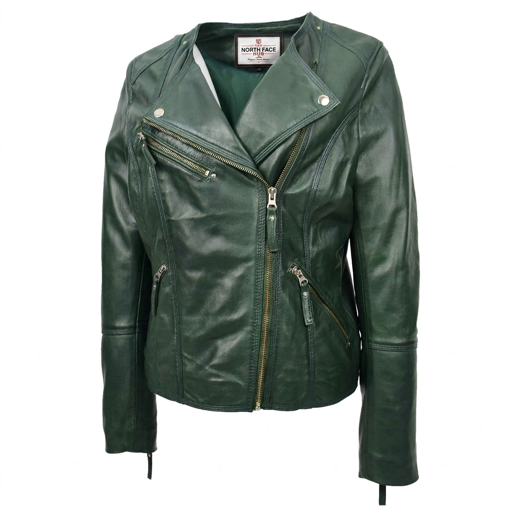 Womens Leather Casual Biker Jacket Shelly Cross Zip Aurora Green