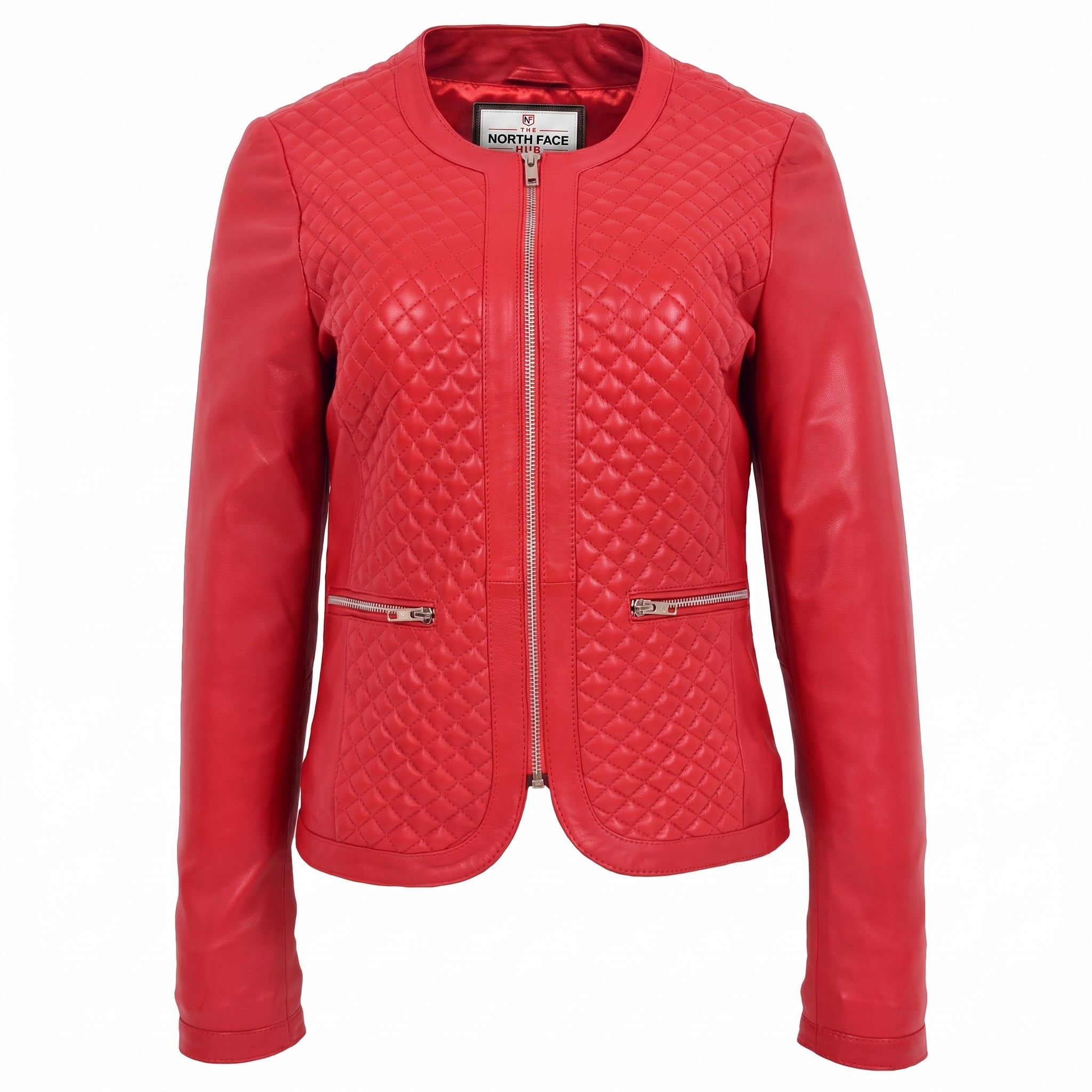 Womens Leather Collarless Jacket with Quilt Design Joan Ignite Red