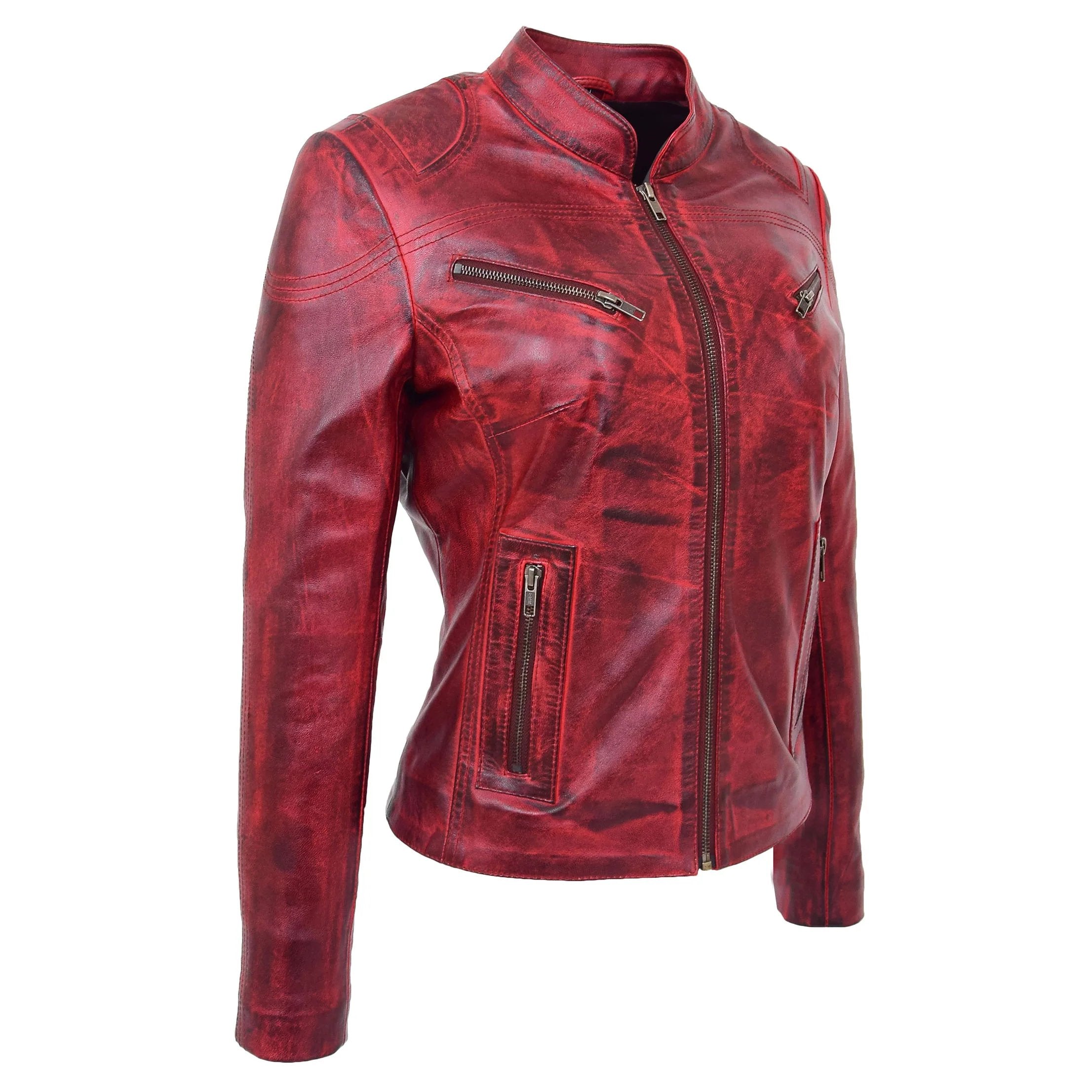 Womens Leather Standing Collar Jacket Becky Ignite Red