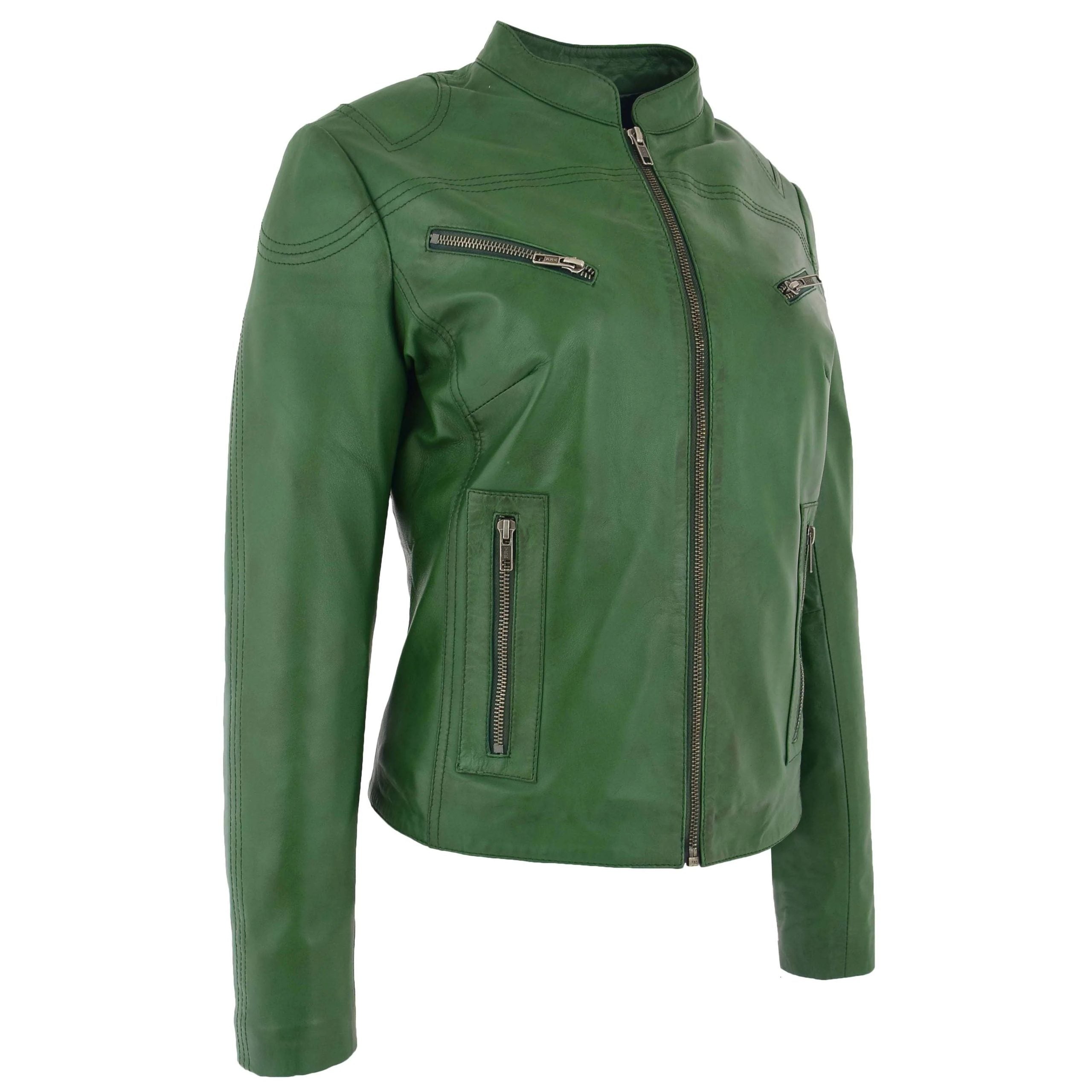 Womens Leather Standing Collar Jacket Becky Aurora Green