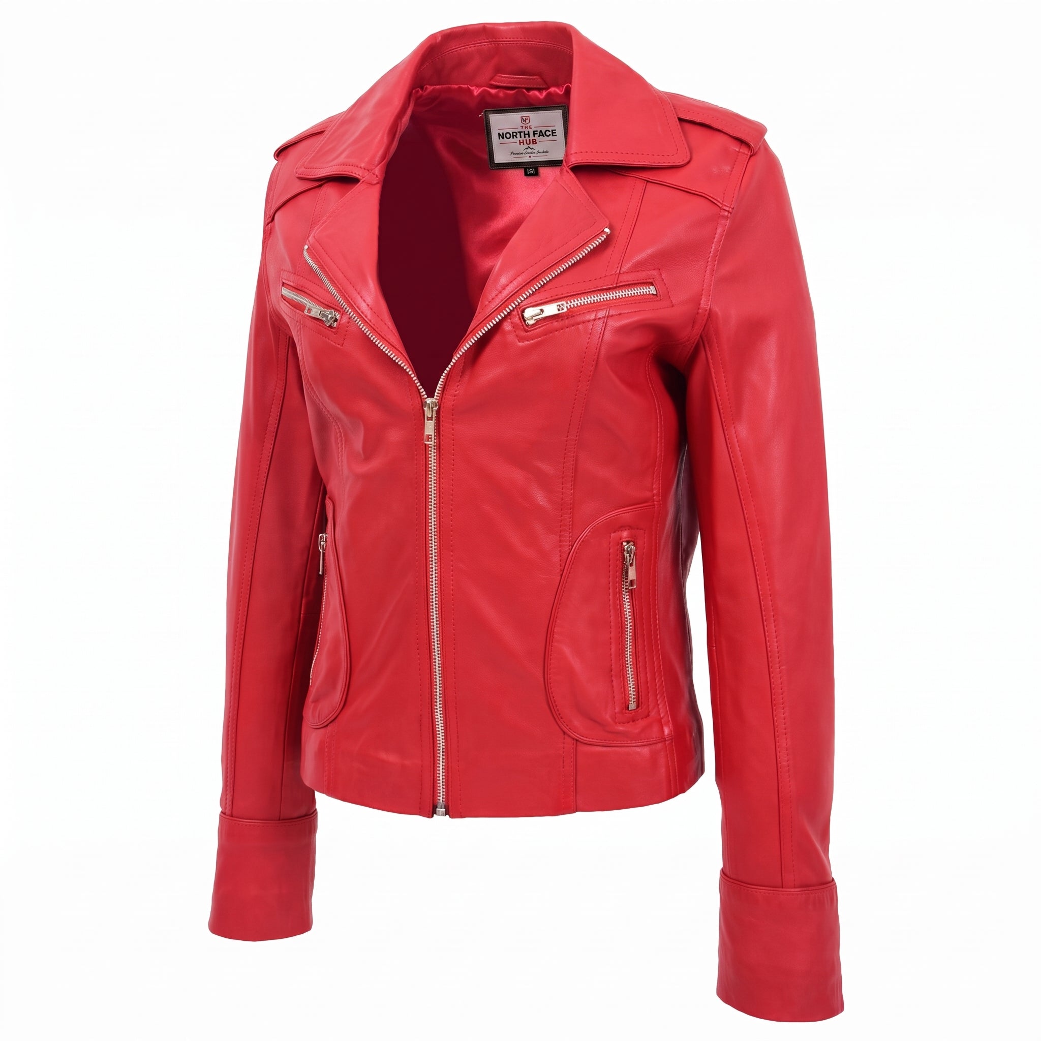 Womens Leather Fitted Biker Style Jacket Kim Ignite Red