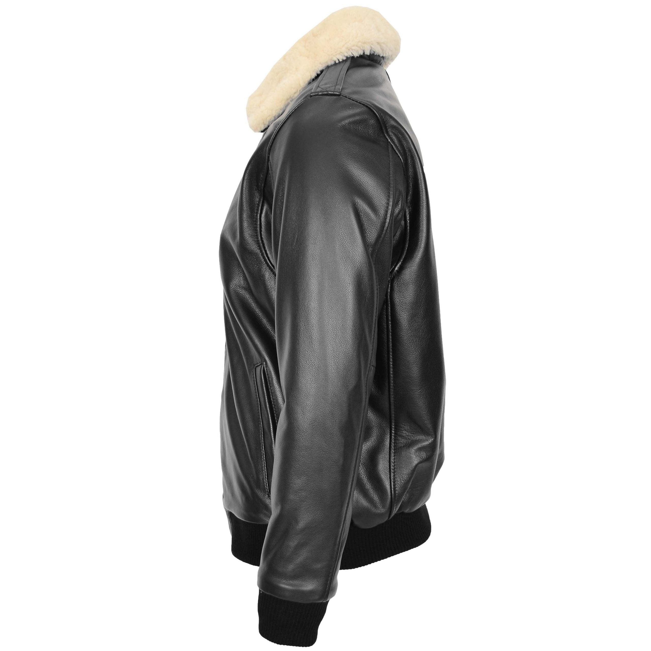 Mens Bomber Leather Jacket with Sheepskin Collar Viggo Nova Black