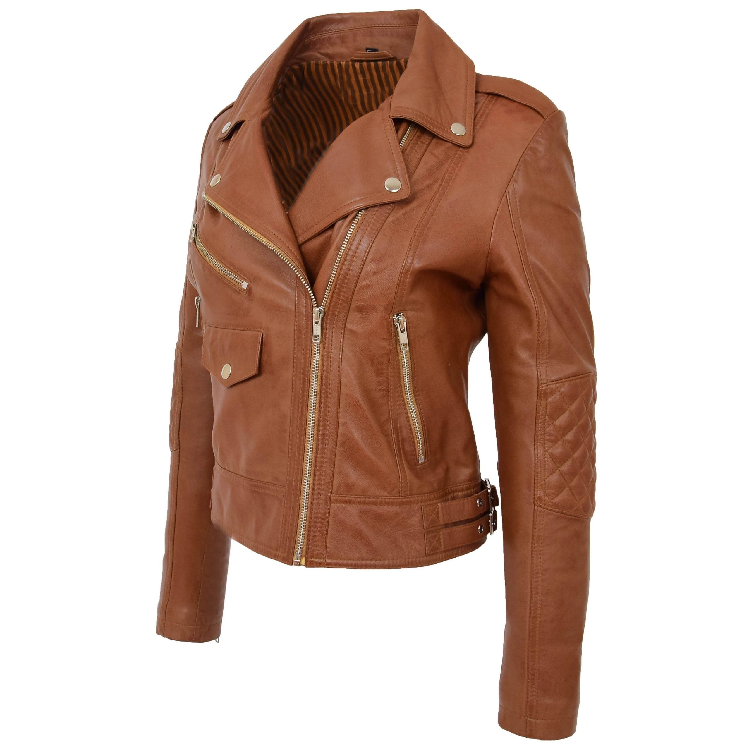 Womens Real Leather Biker Cross Zip Fashion Jacket Remi Dynamo Tan
