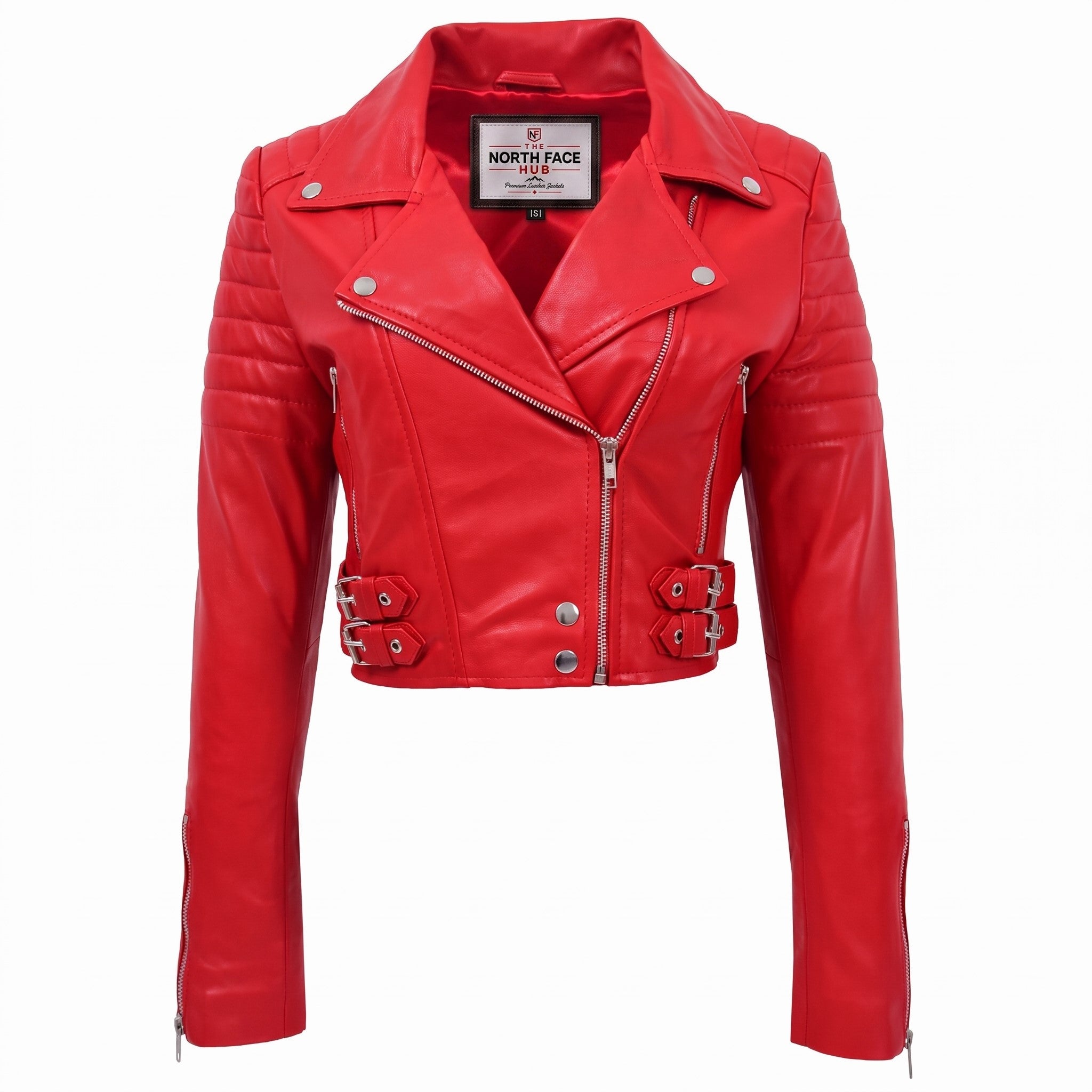 Womens Leather Cropped Biker Style Jacket Demi Ignite Red