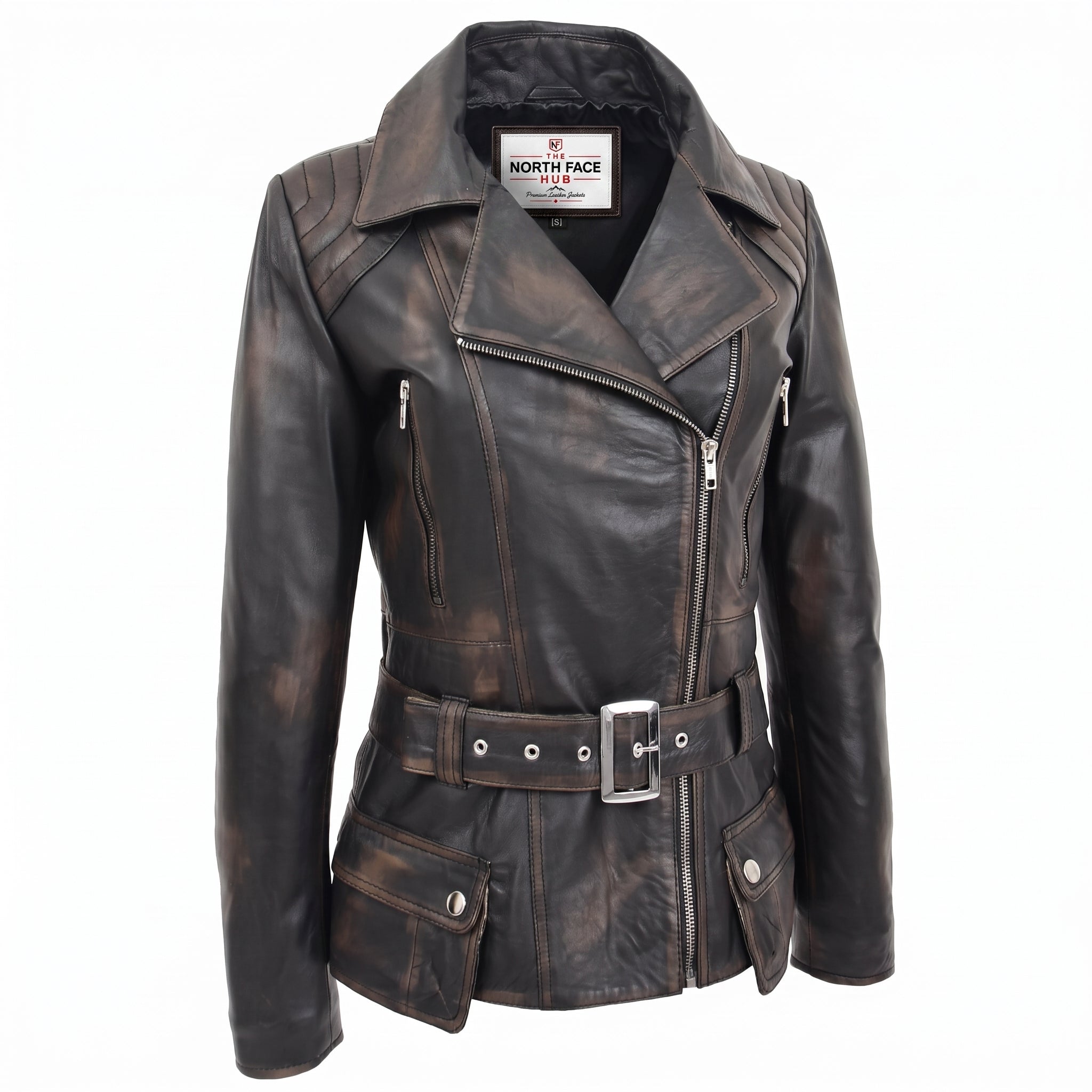 Womens Leather Hip Length Biker Jacket Celia Paradox Rub Off