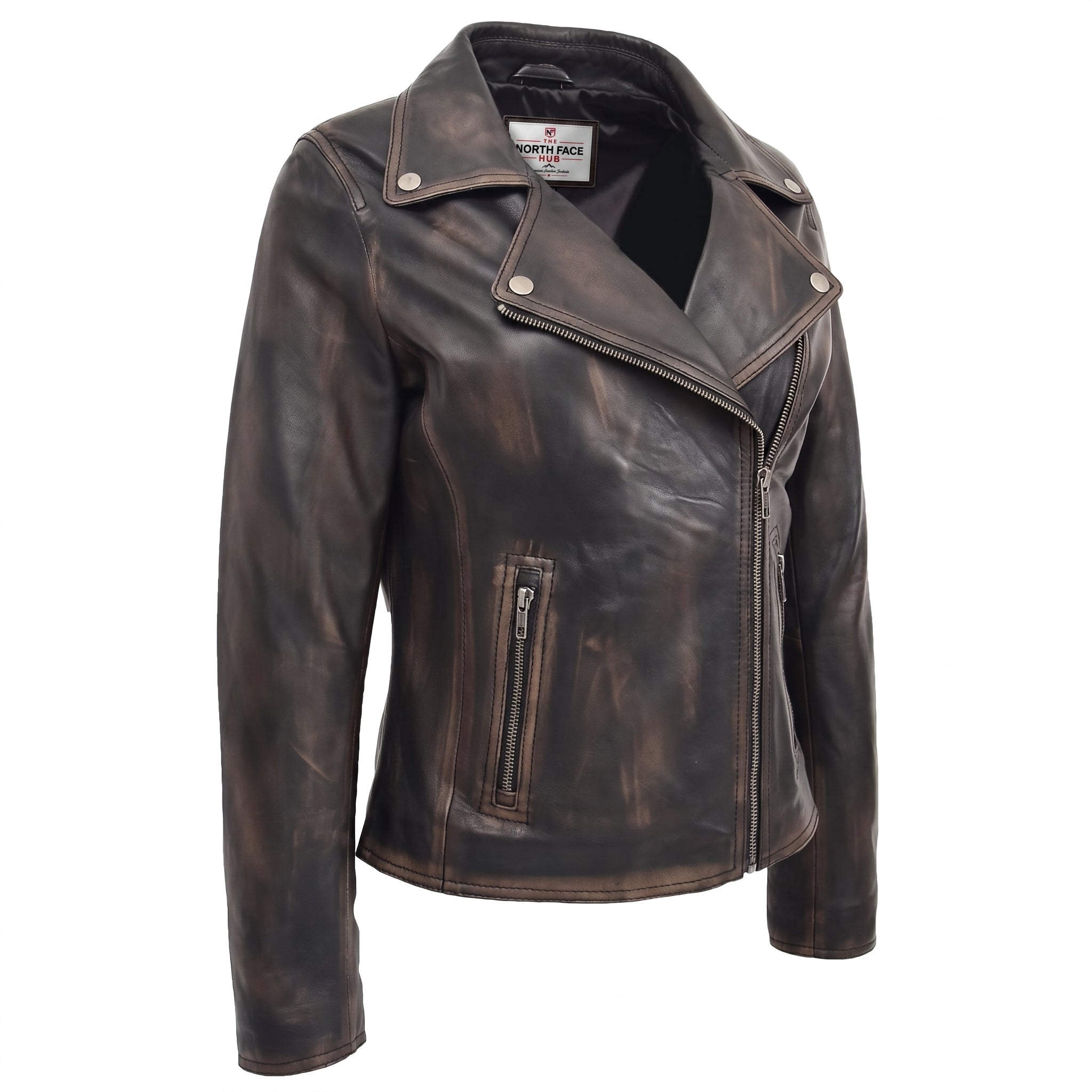 Womens Soft Leather Cross Zip Biker Jacket Lola Vintage Nova Black