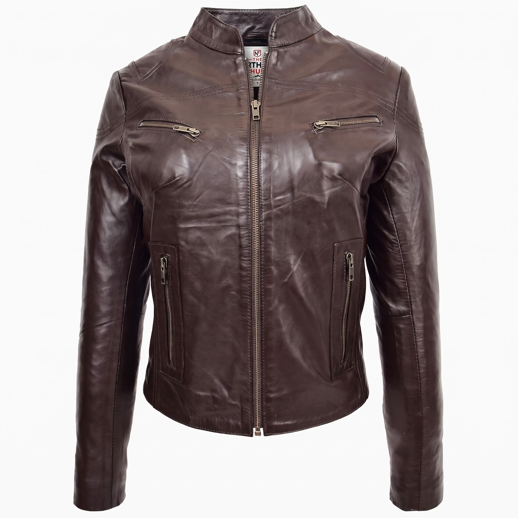 Womens Leather Standing Collar Jacket Becky Zenith Brown