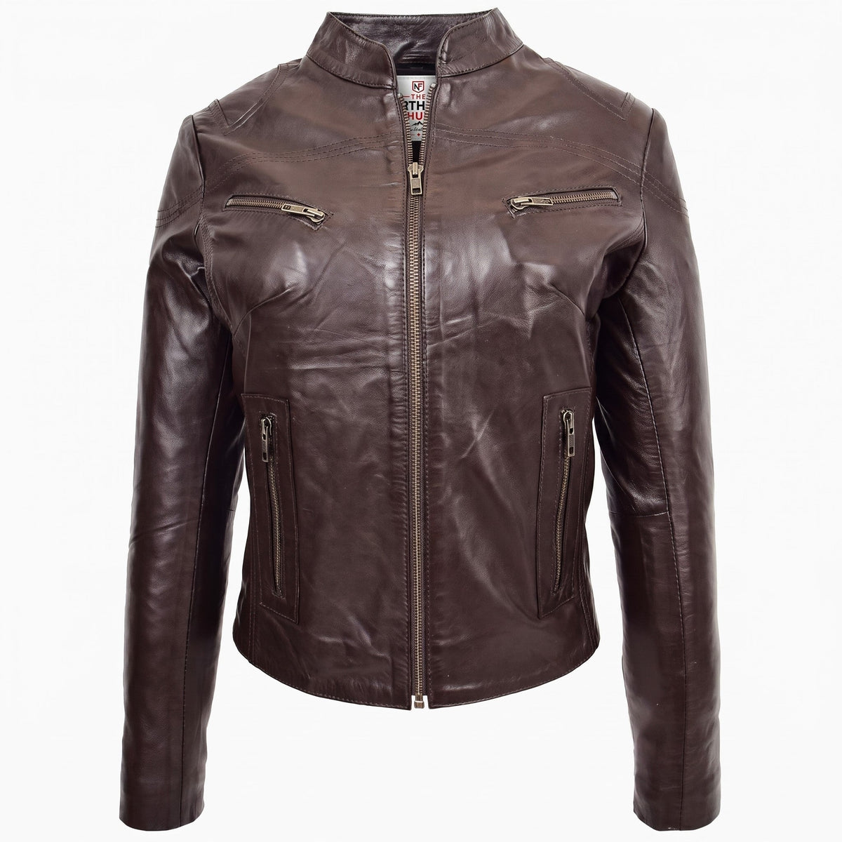 Womens Leather Standing Collar Jacket Becky Zenith Brown
