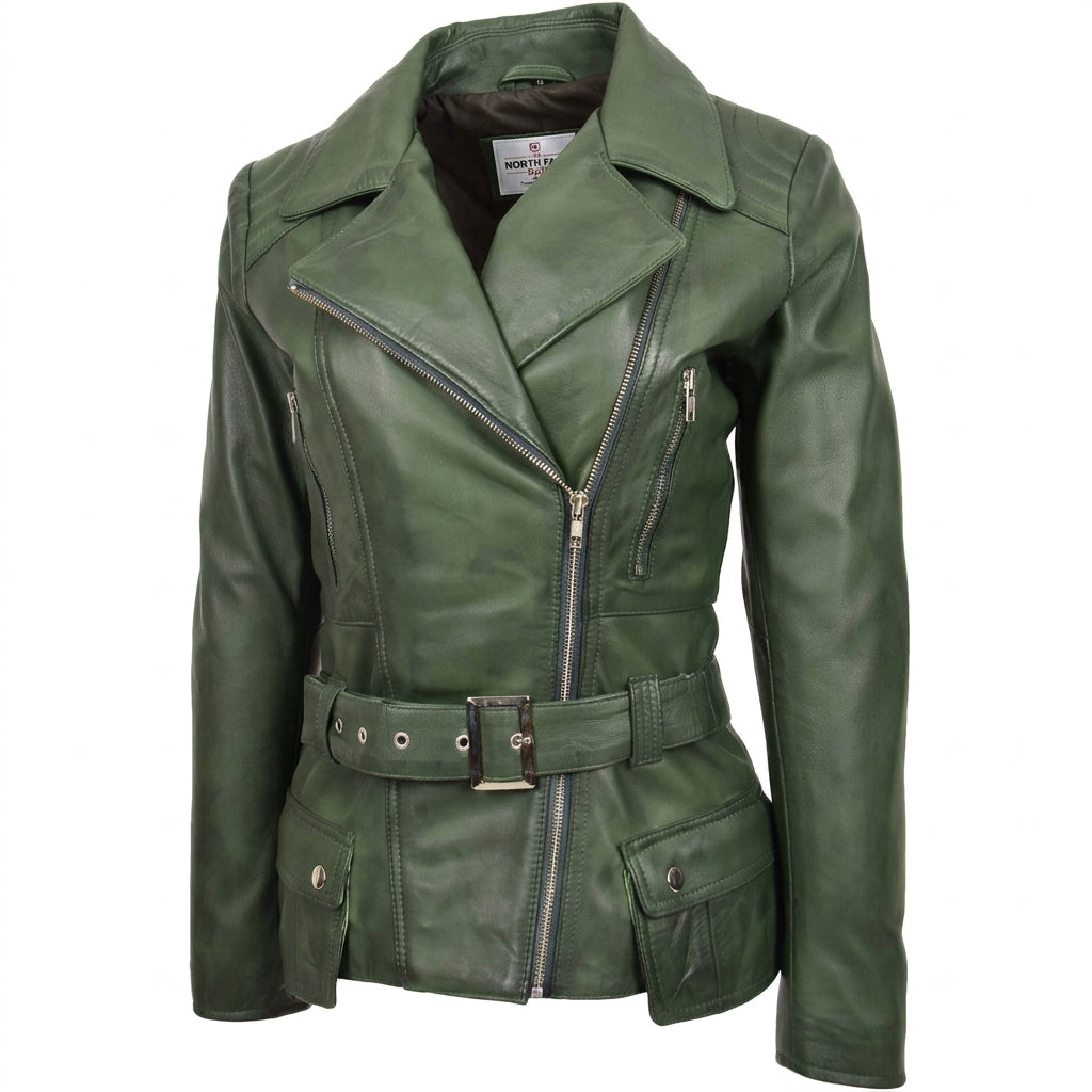 Womens Leather Hip Length Biker Jacket Celia Aurora Green
