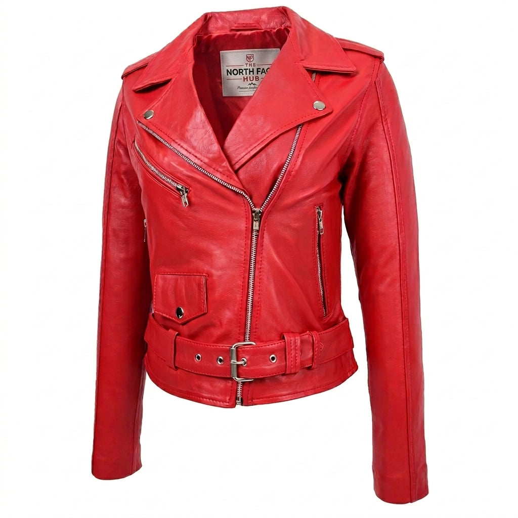 Womens Real Leather Biker Brando Style Jacket Mia Ignite Red