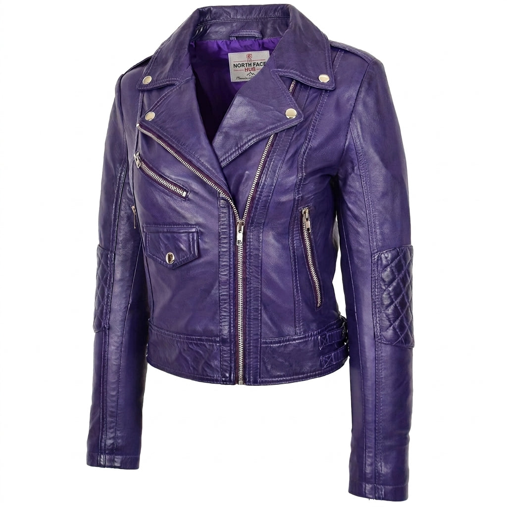 Womens Real Leather Biker Cross Zip Fashion Jacket Remi Whisper Purple