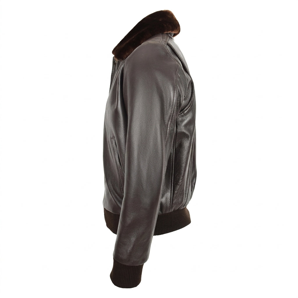 Mens Leather Bomber Pilot Jacket Removable Collar Leroy Zenith Brown