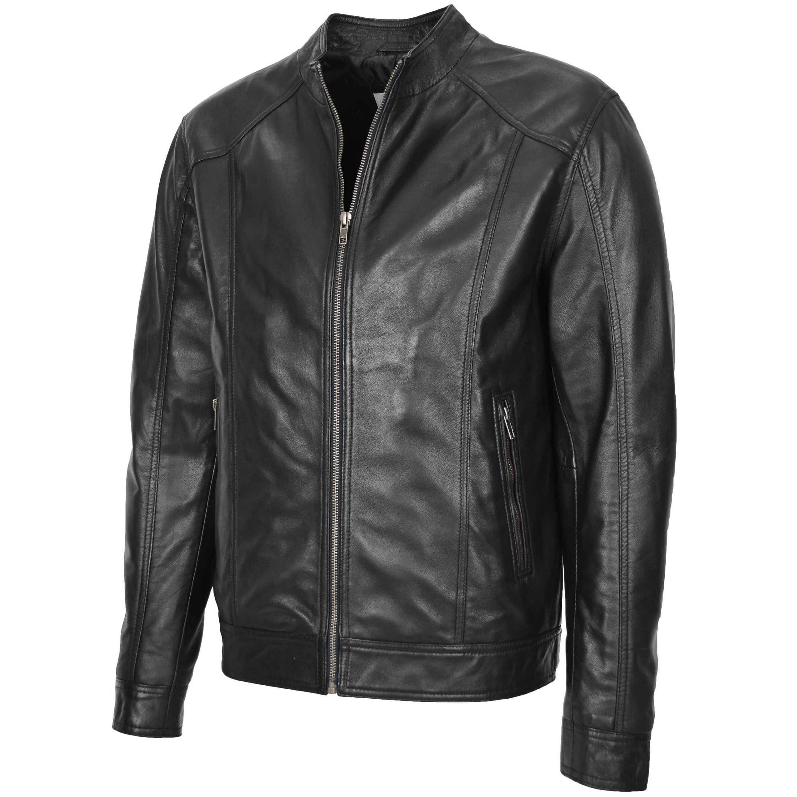 Mens Soft Leather Casual Plain Zip Jacket Matt Nova Black