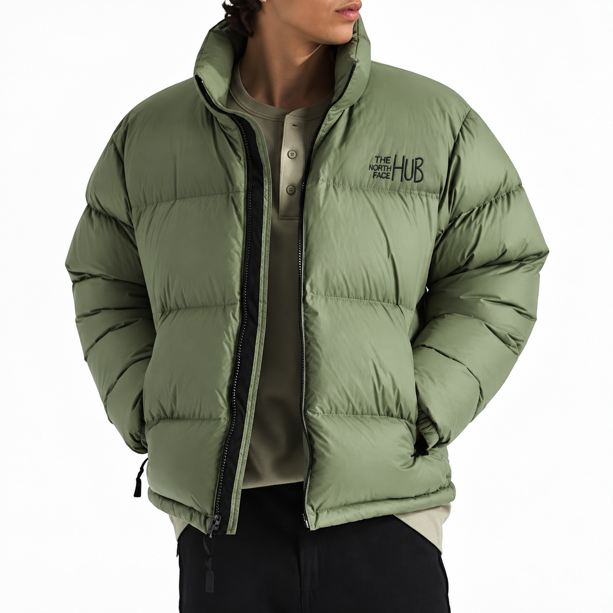 The North Face Hub Bark Mist Mens Puffer Jacket – Mens Insulated Winter Jacket / Nuptse Puffer Jacket 1996 Retro Coat