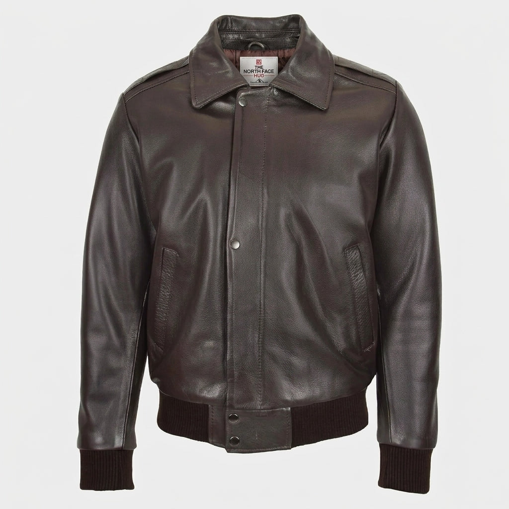 Mens Leather Bomber Pilot Jacket Removable Collar Leroy Zenith Brown