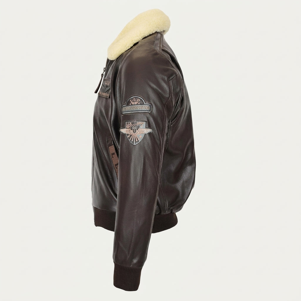Mens Leather Jacket with Detachable Collar Pilot-N Zenith Brown