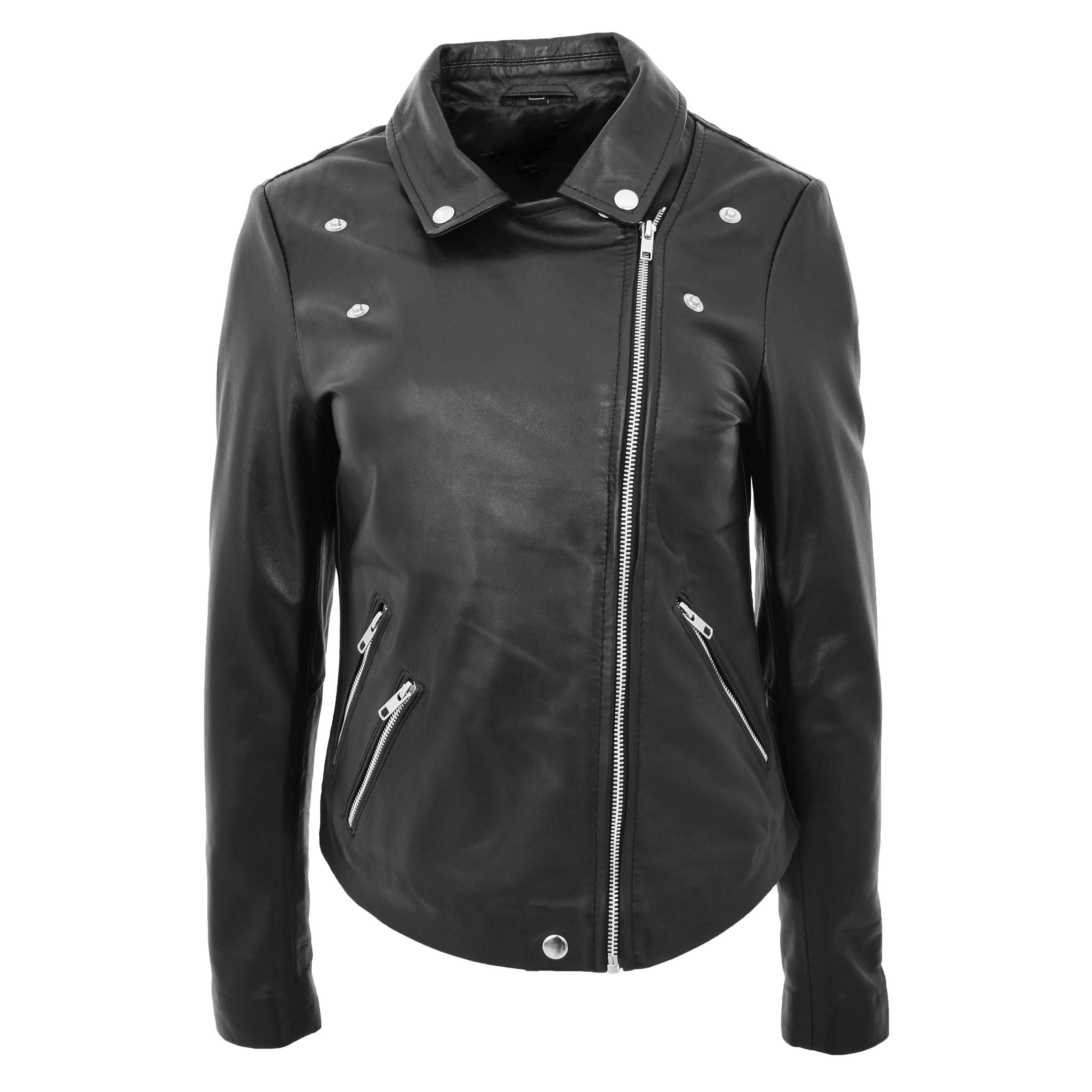 Womens Leather Biker Style Jacket Maya Cross Zip Nova Black