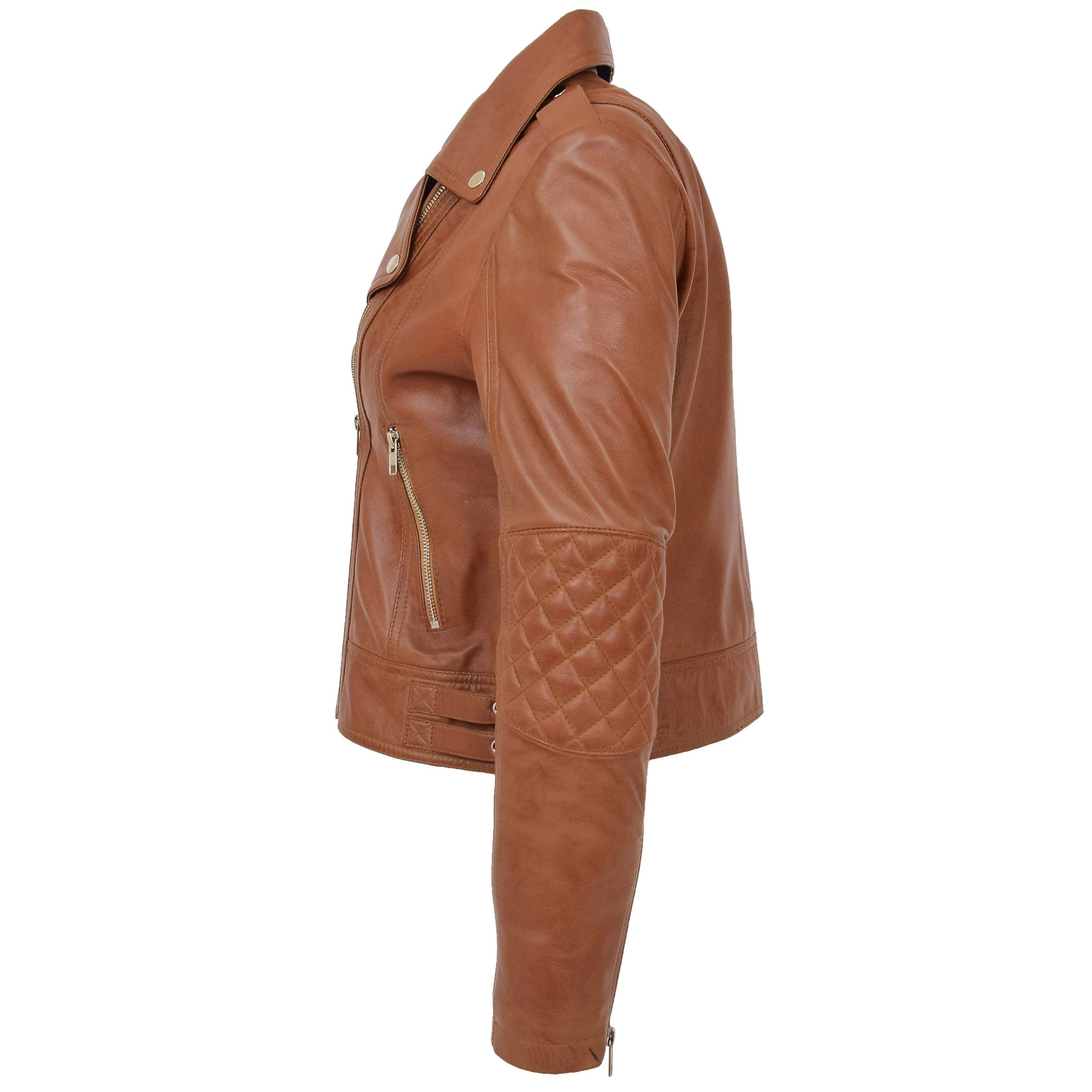 Womens Real Leather Biker Cross Zip Fashion Jacket Remi Dynamo Tan
