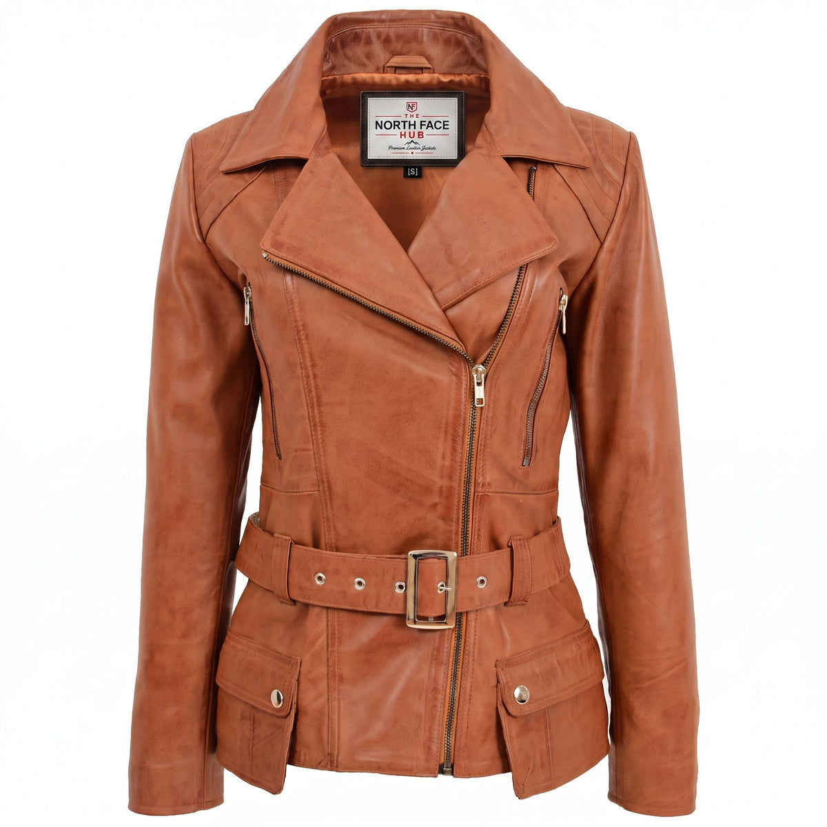 Womens Leather Hip Length Biker Jacket Celia Dynamo Tan