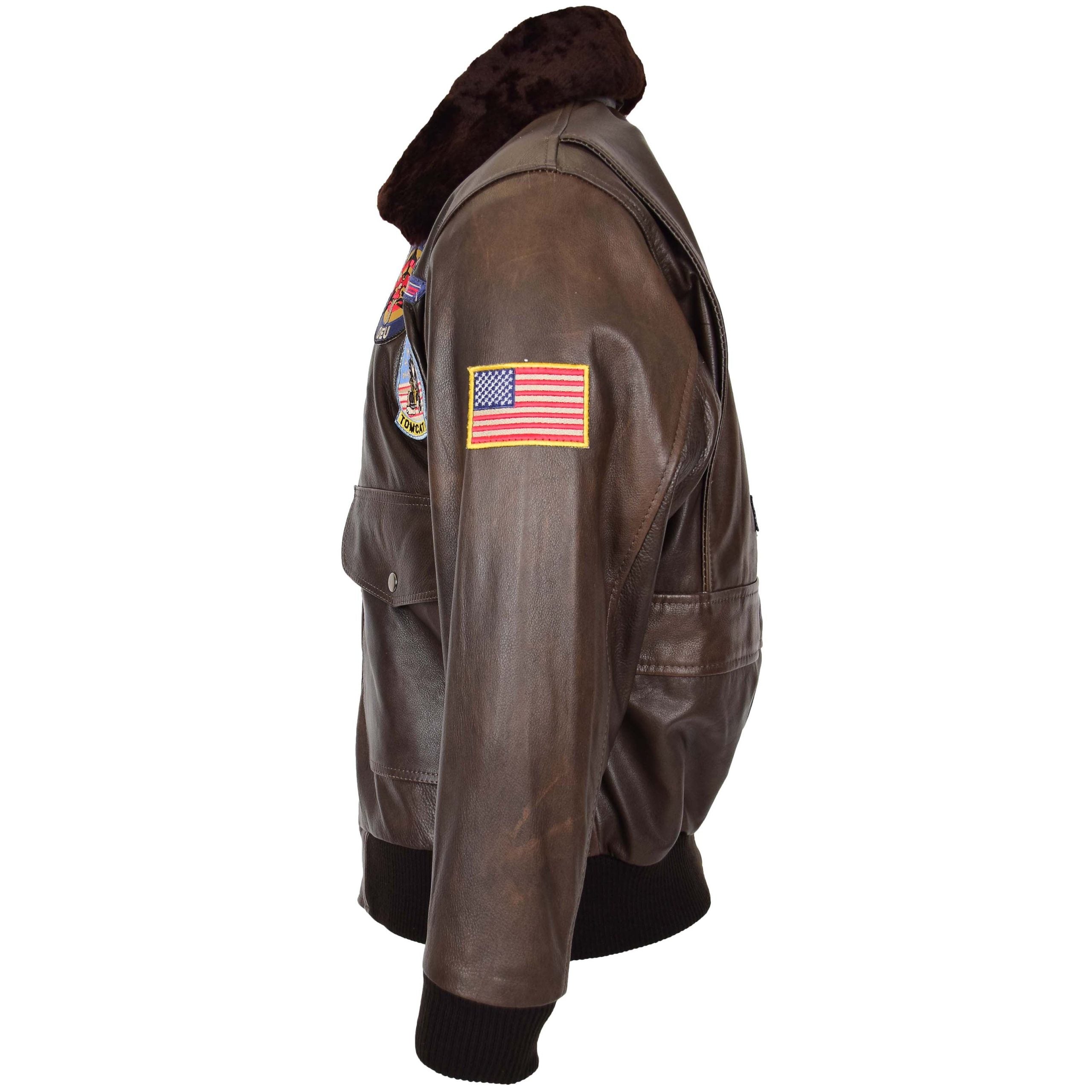 Mens Bomber Leather Jacket Air Force Style Lester Zenith Brown