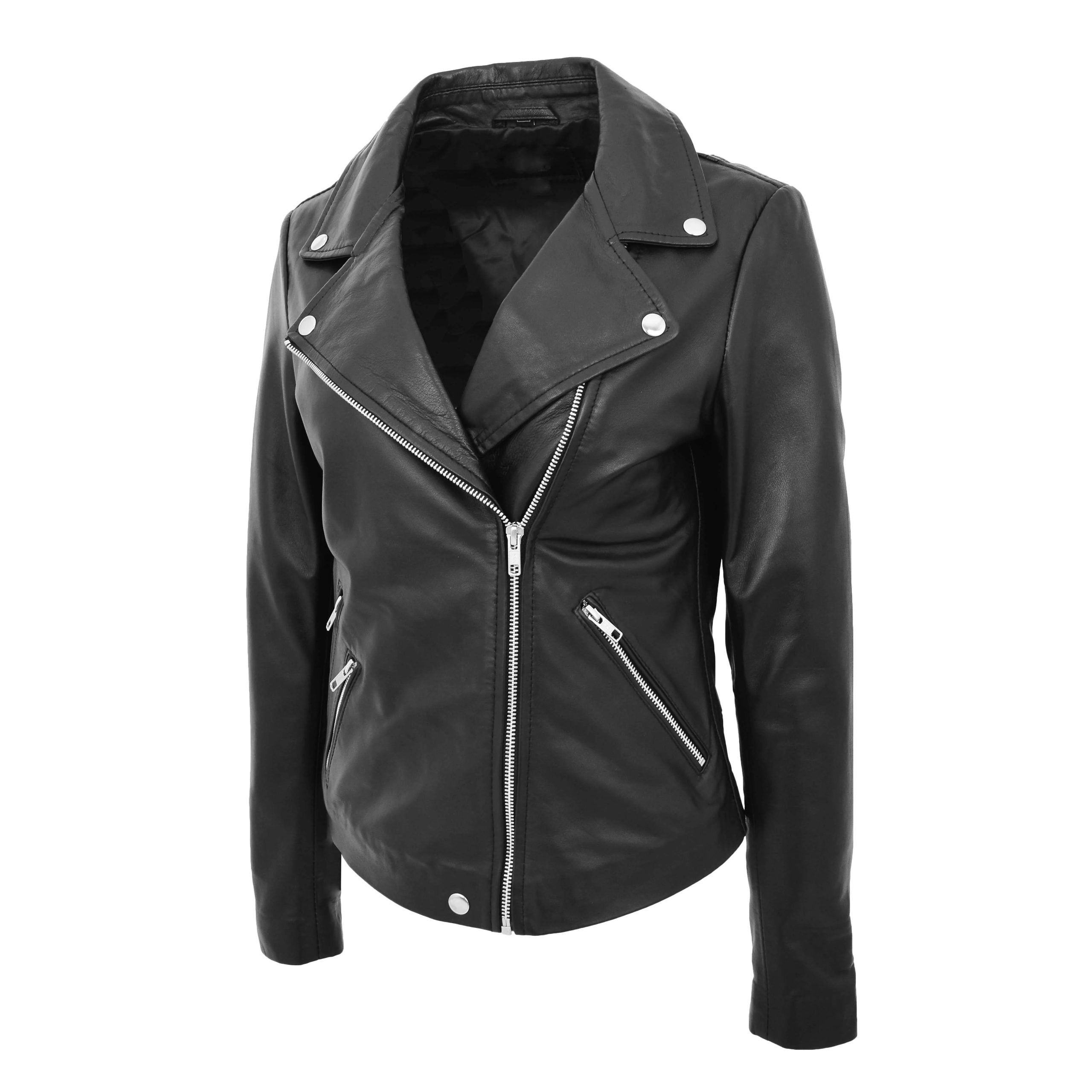 Womens Leather Biker Style Jacket Maya Cross Zip Nova Black