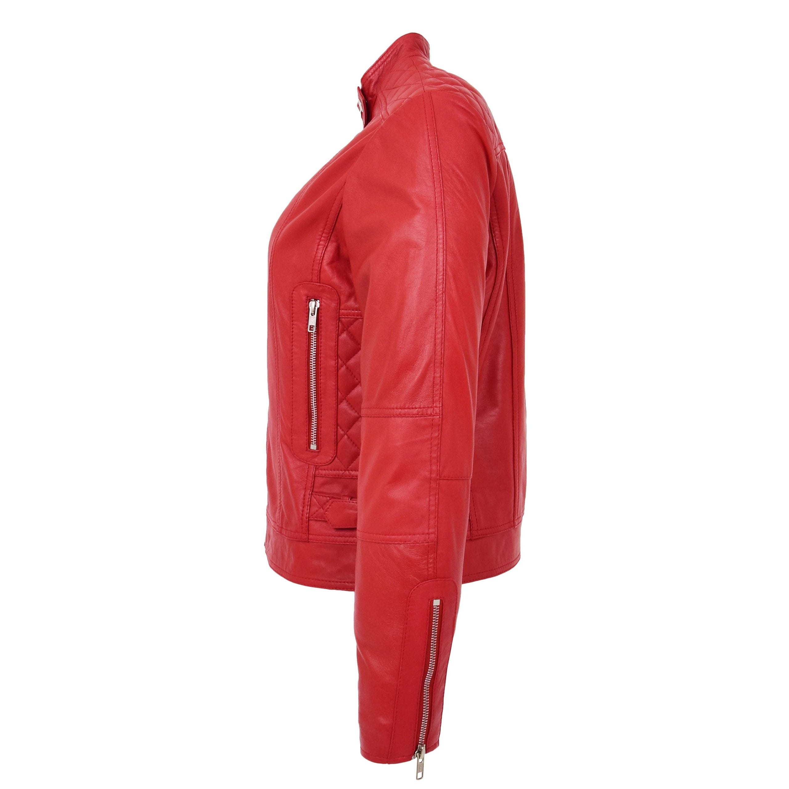 Womens Soft Leather Casual Zip Biker Jacket Ruby Ignite Red