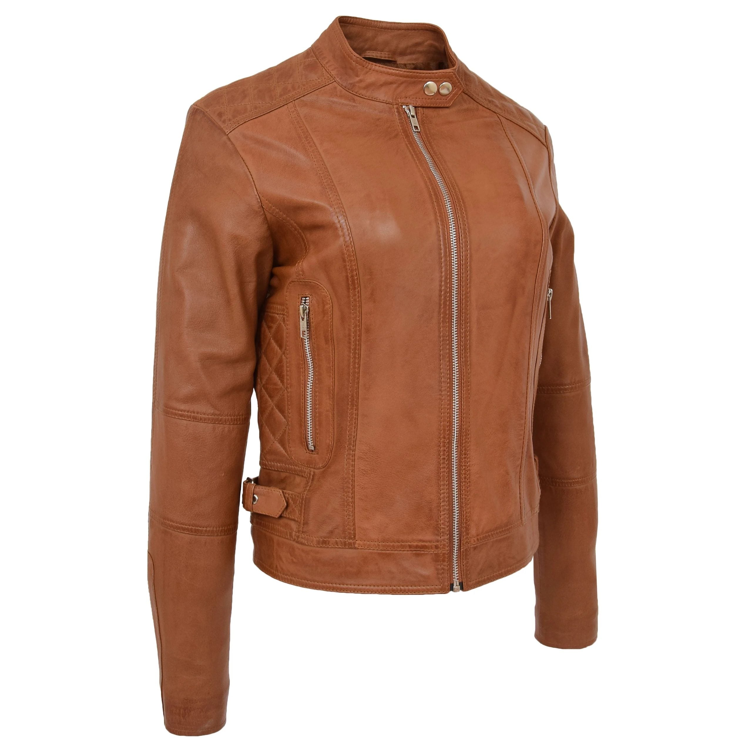 Womens Soft Leather Casual Zip Biker Jacket Ruby Dynamo Tan