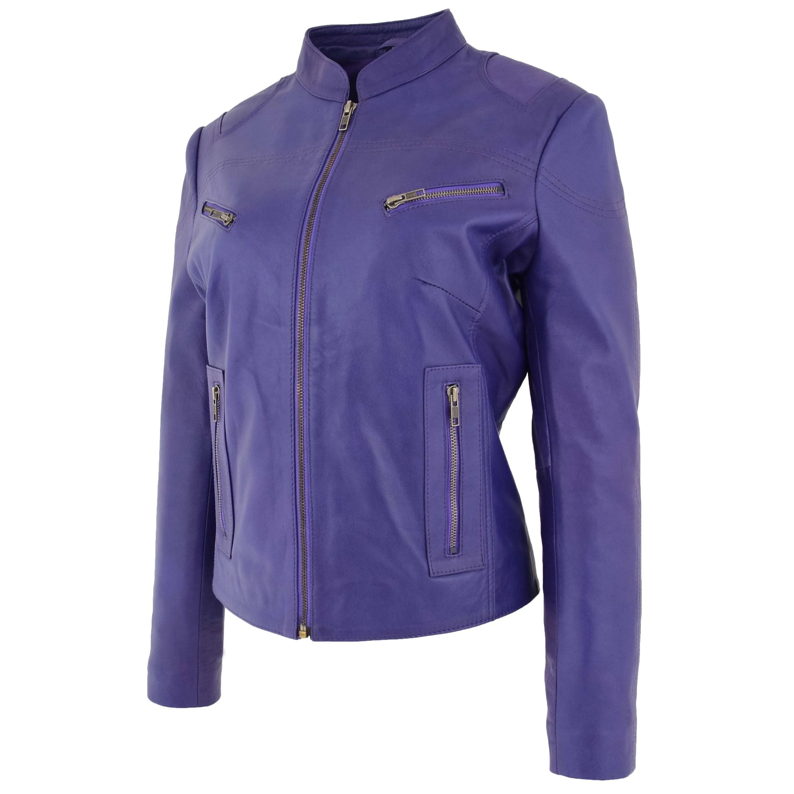 Womens Leather Standing Collar Jacket Becky Whisper Purple