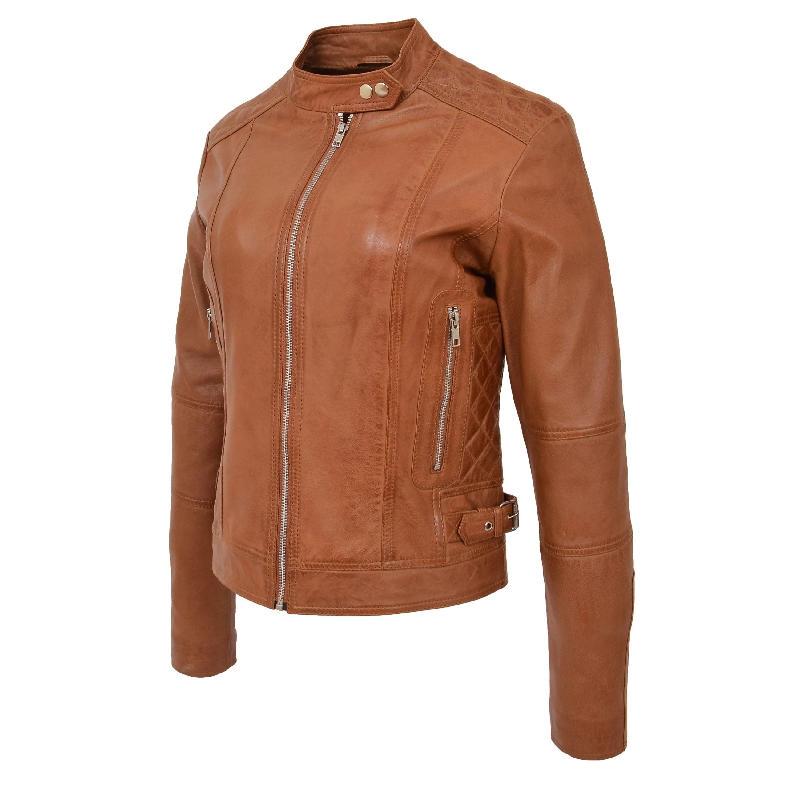 Womens Soft Leather Casual Zip Biker Jacket Ruby Dynamo Tan