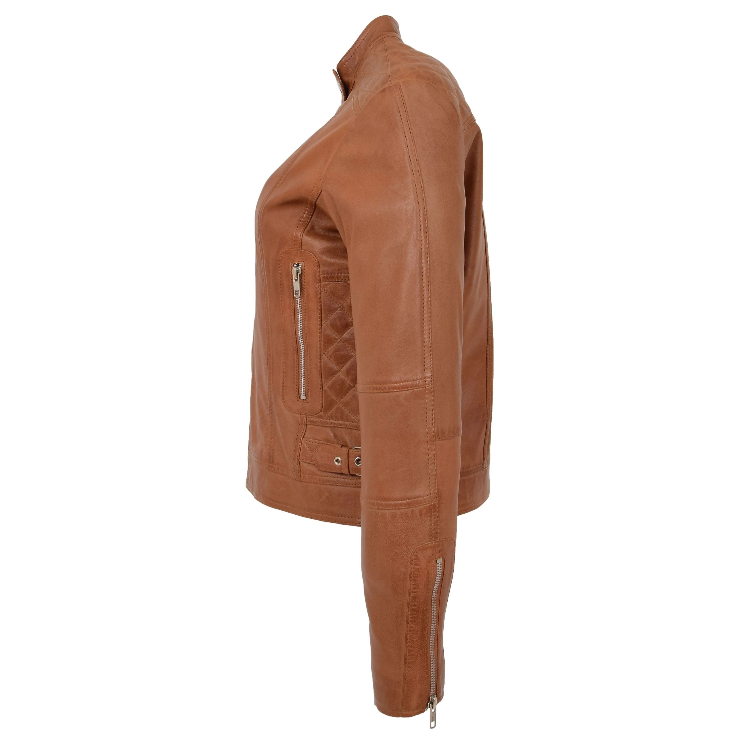 Womens Soft Leather Casual Zip Biker Jacket Ruby Dynamo Tan