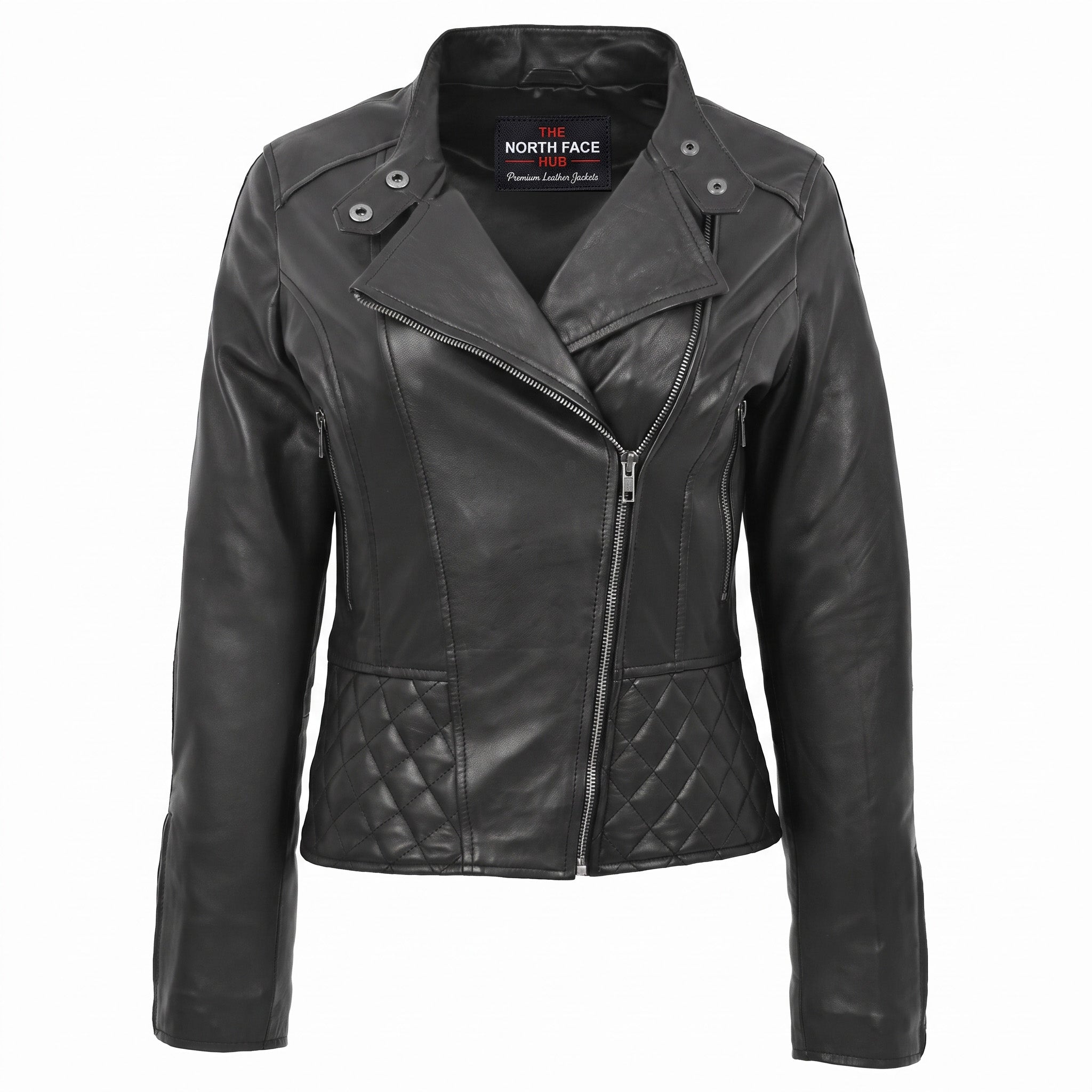 Womens Leather Stand-Up Collar Biker Jacket Laura Nova Black