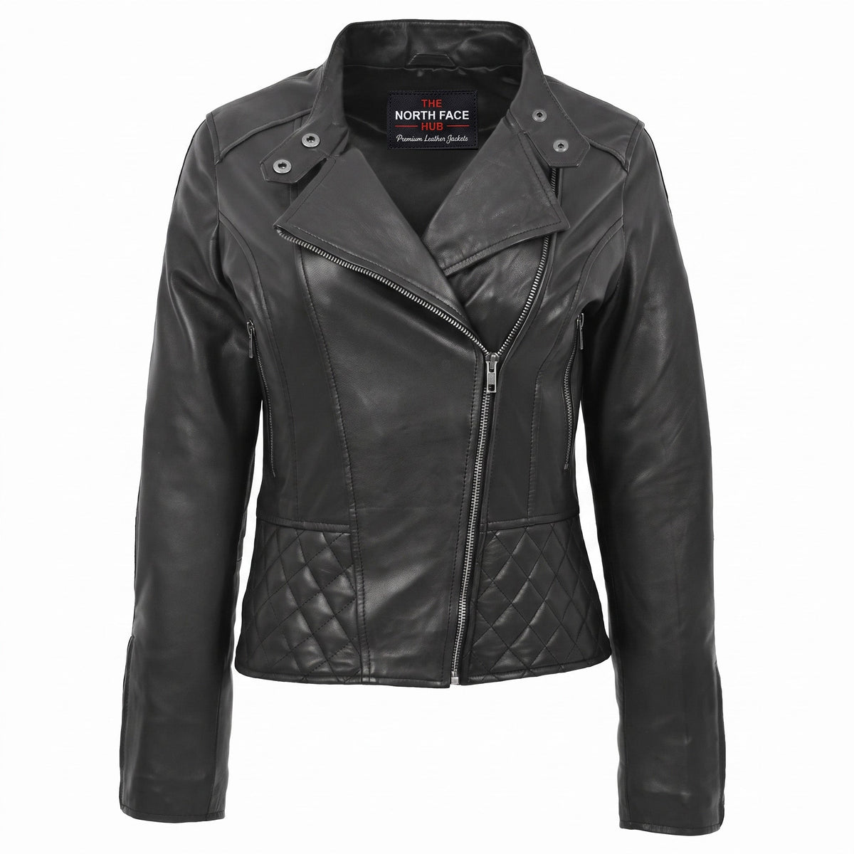 Womens Leather Stand-Up Collar Biker Jacket Laura Nova Black