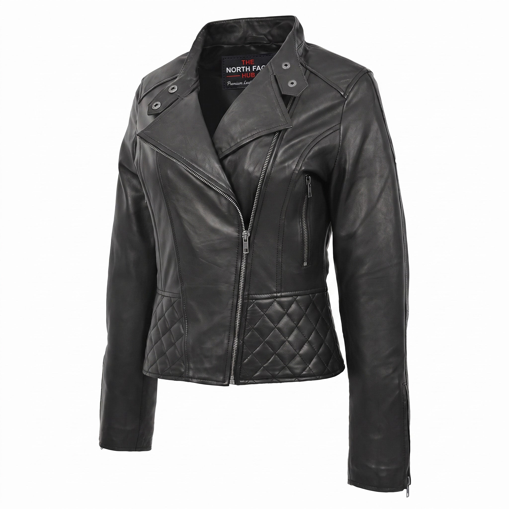 Womens Leather Stand-Up Collar Biker Jacket Laura Nova Black