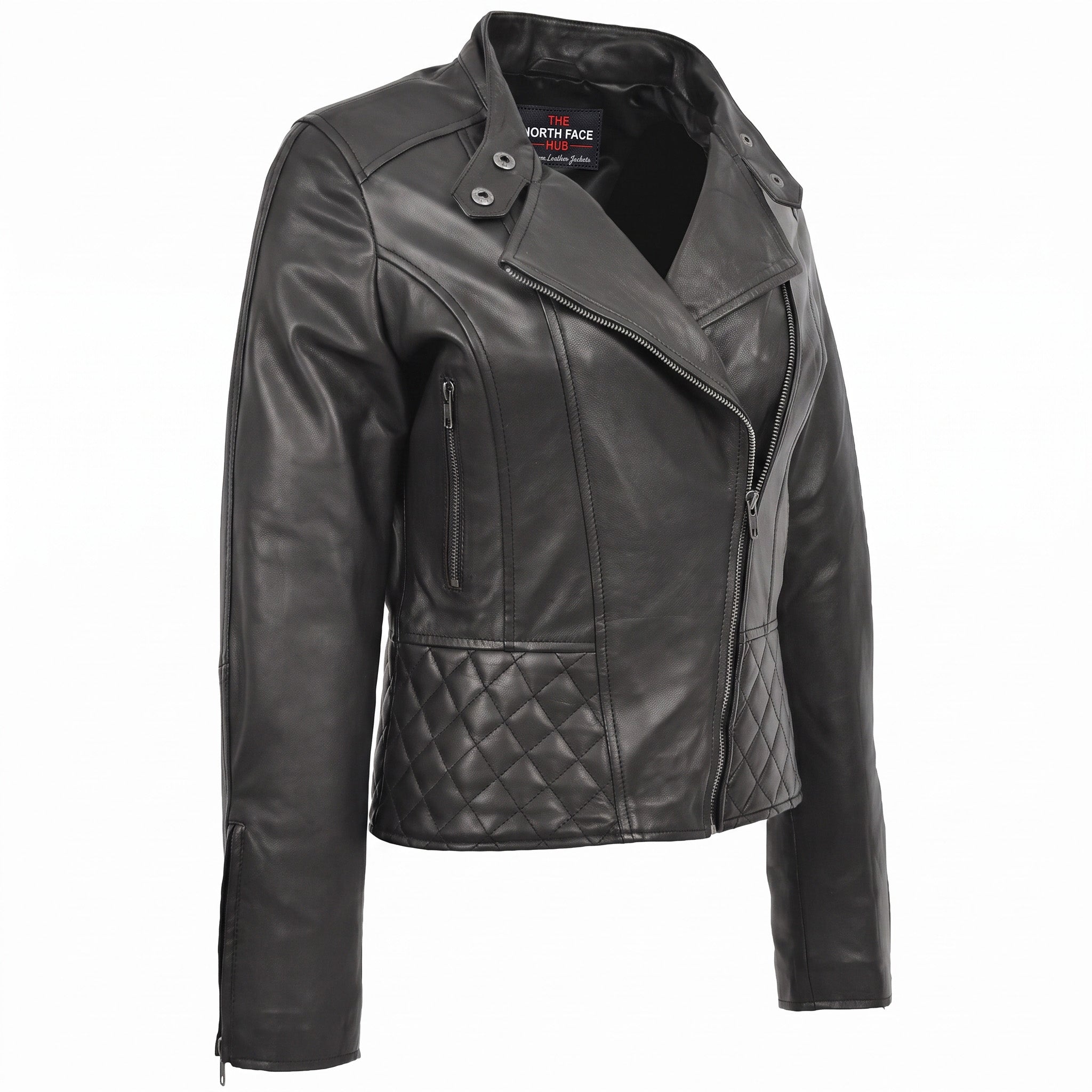 Womens Leather Stand-Up Collar Biker Jacket Laura Nova Black