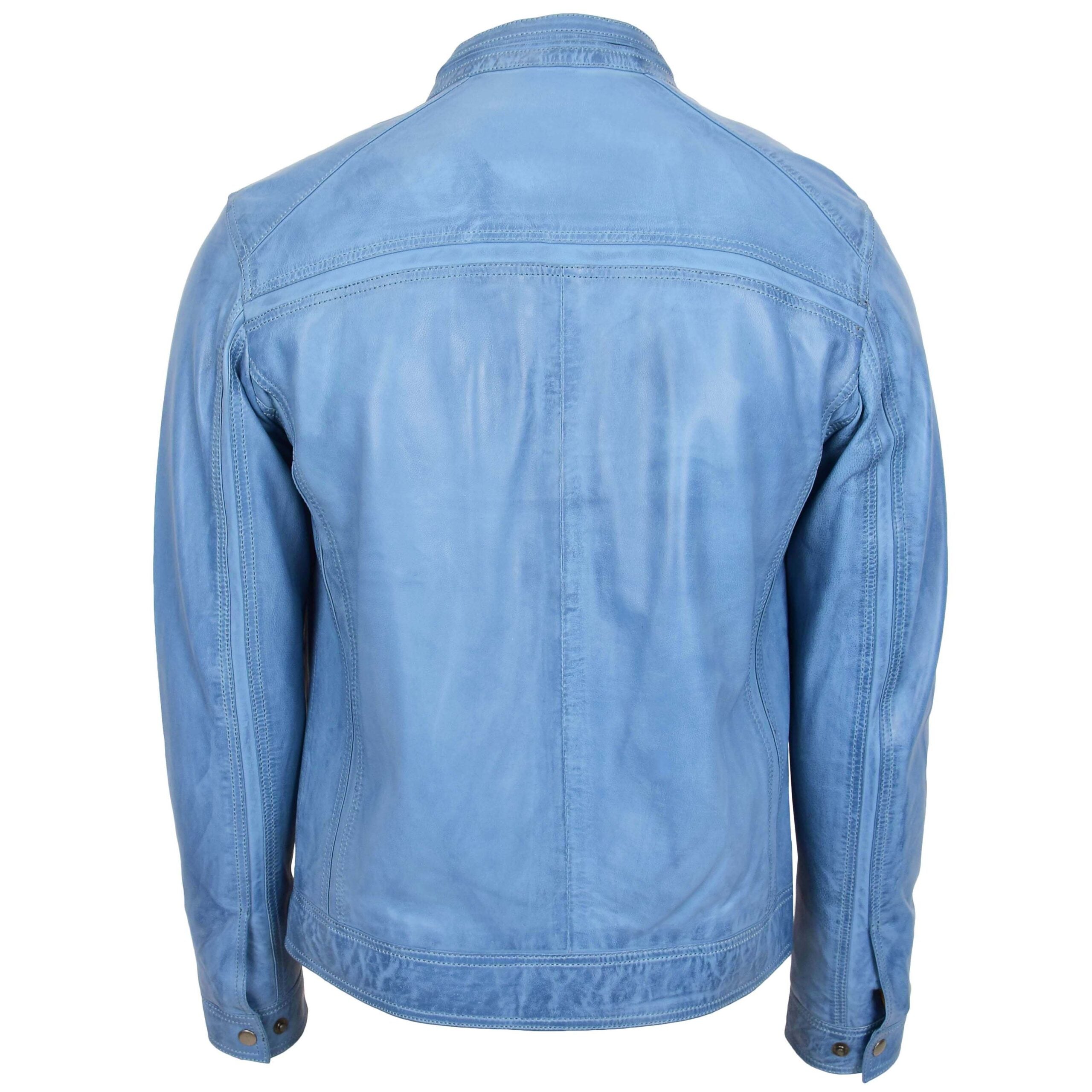 Mens Leather Cafe Racer Biker Jacket Charlie Horizon Sky Blue
