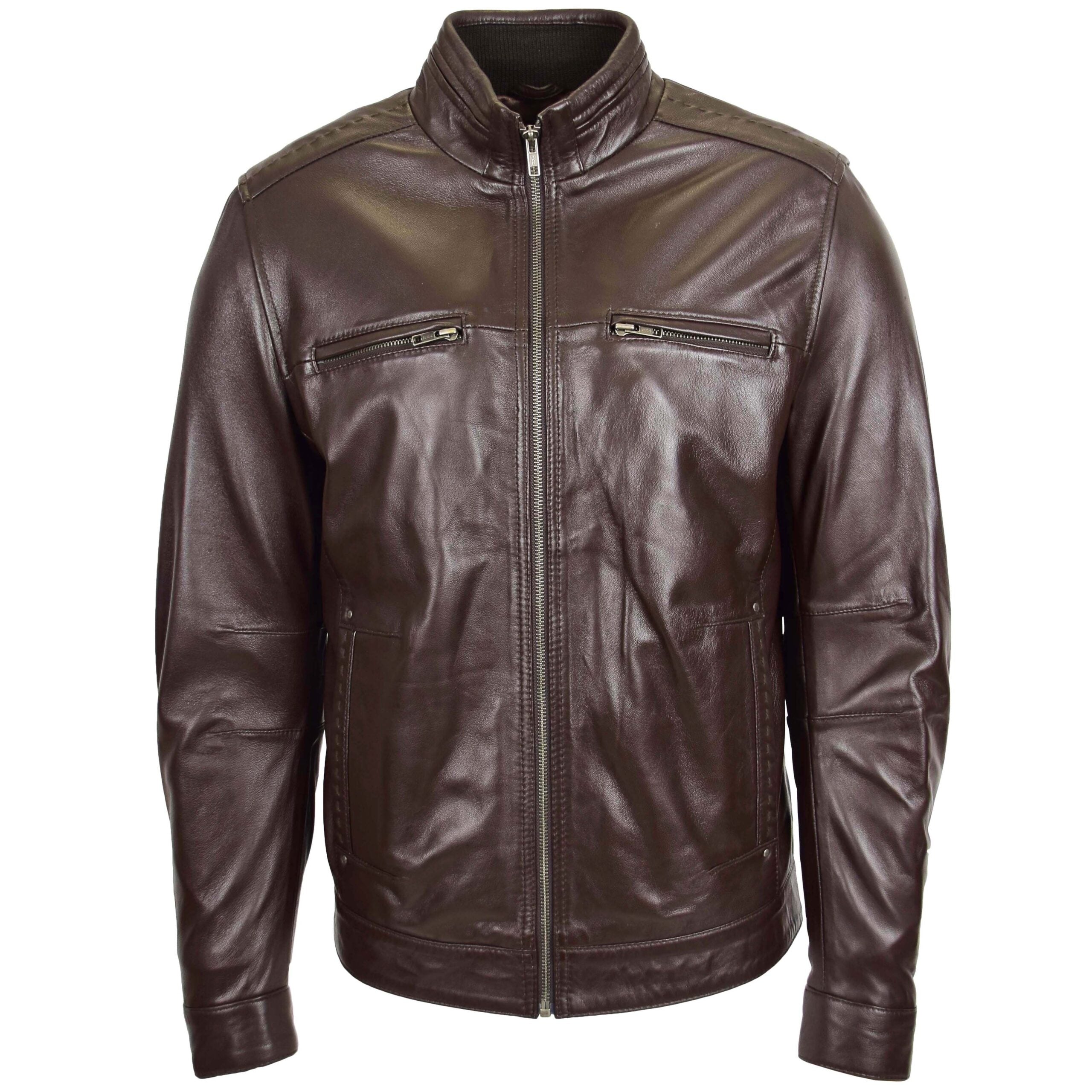 Men's Standing Collar Leather Jacket Tony Zenith Brown