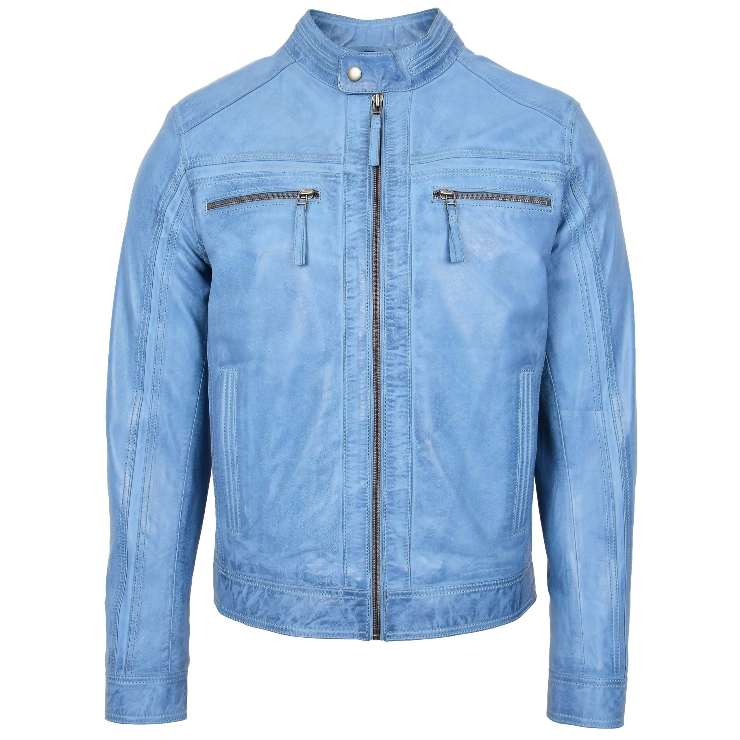 Mens Leather Cafe Racer Biker Jacket Charlie Horizon Sky Blue