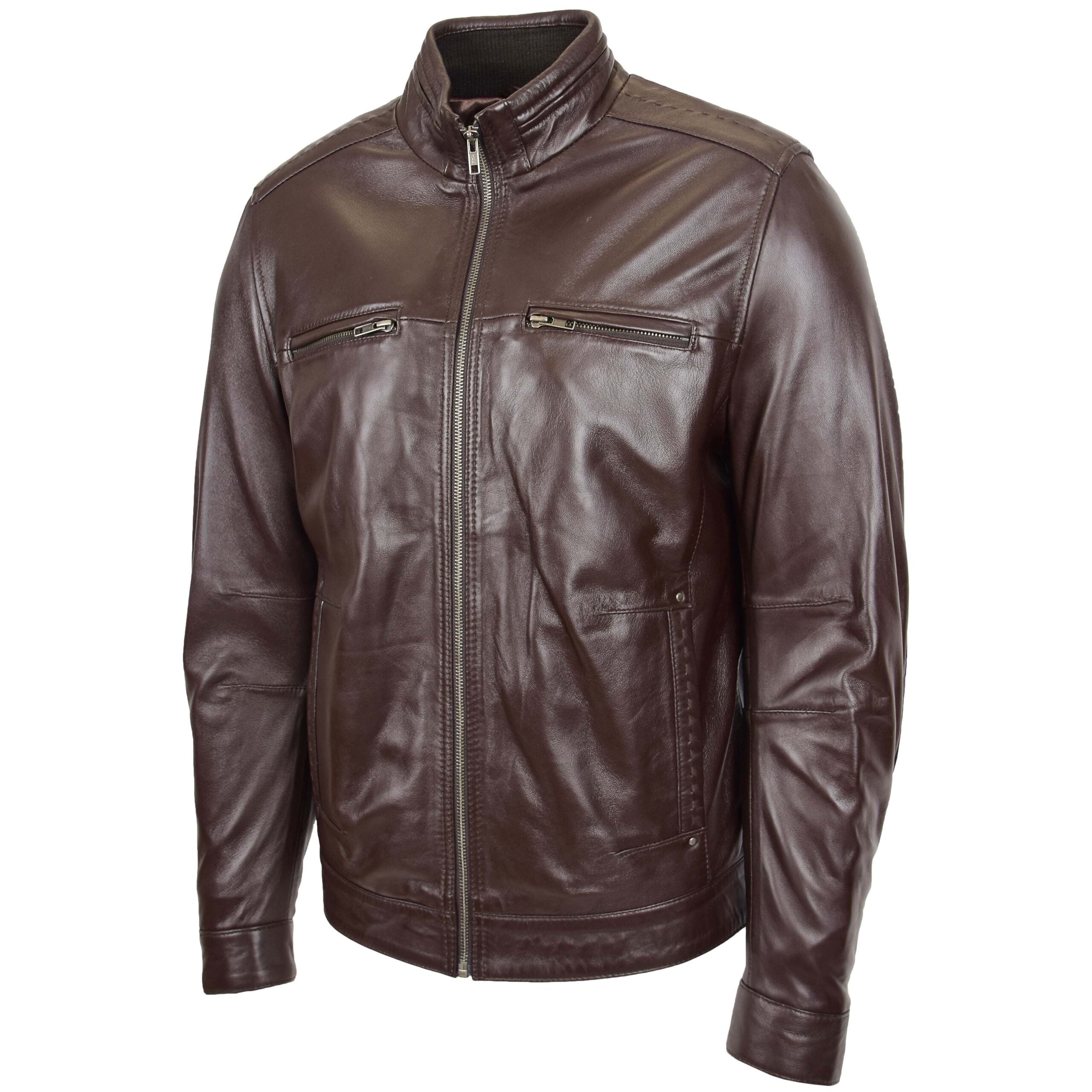 Men's Standing Collar Leather Jacket Tony Zenith Brown