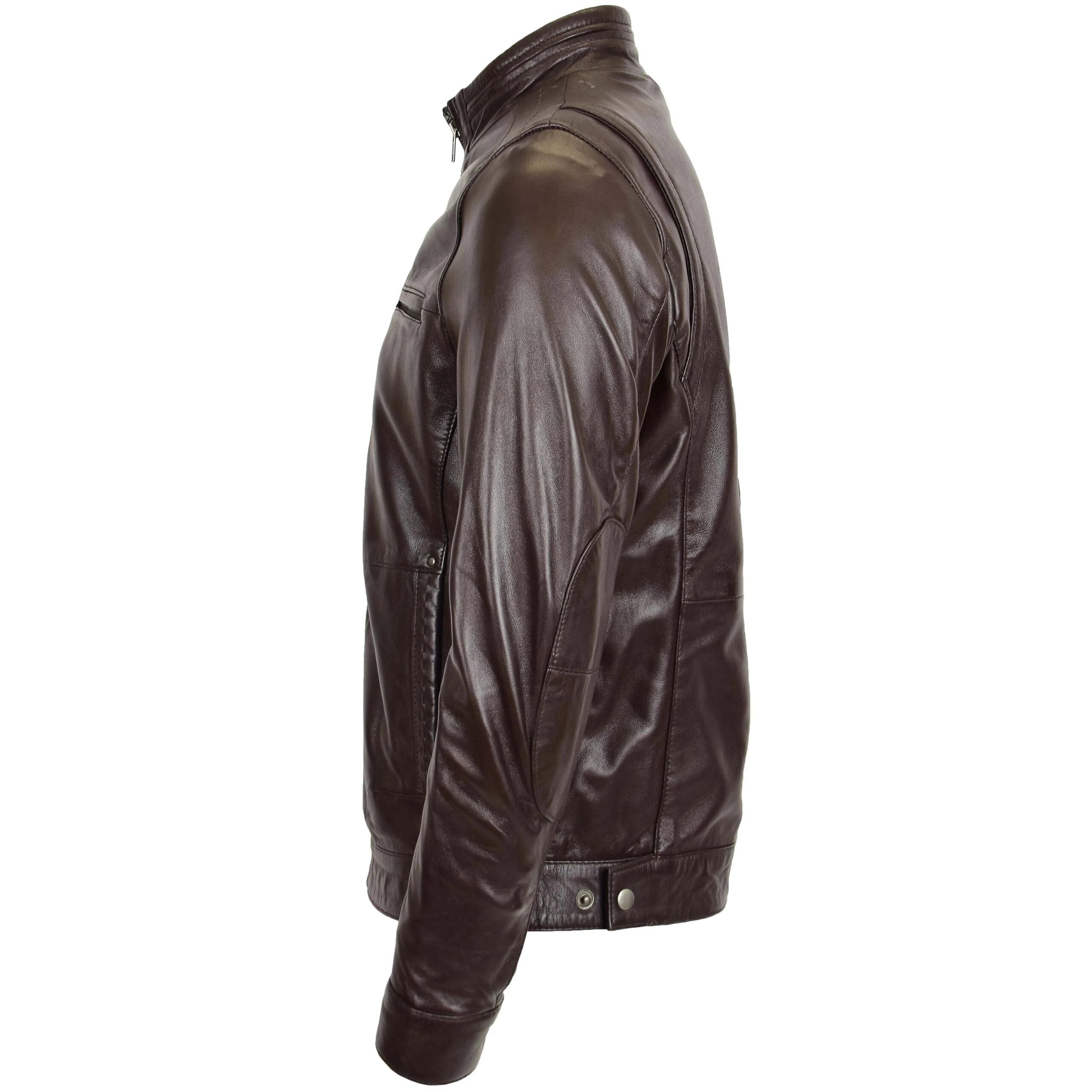 Men's Standing Collar Leather Jacket Tony Zenith Brown
