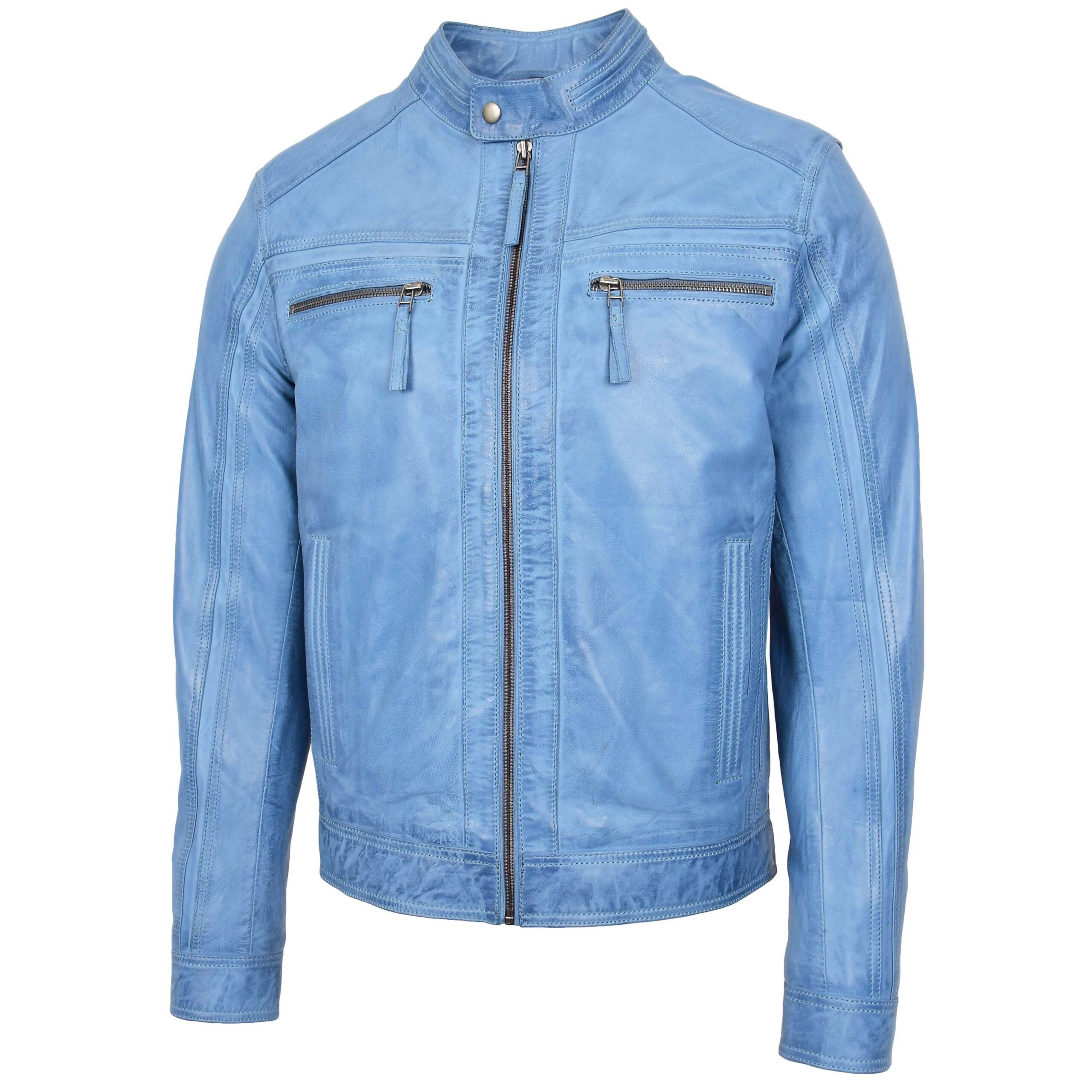 Mens Leather Cafe Racer Biker Jacket Charlie Horizon Sky Blue