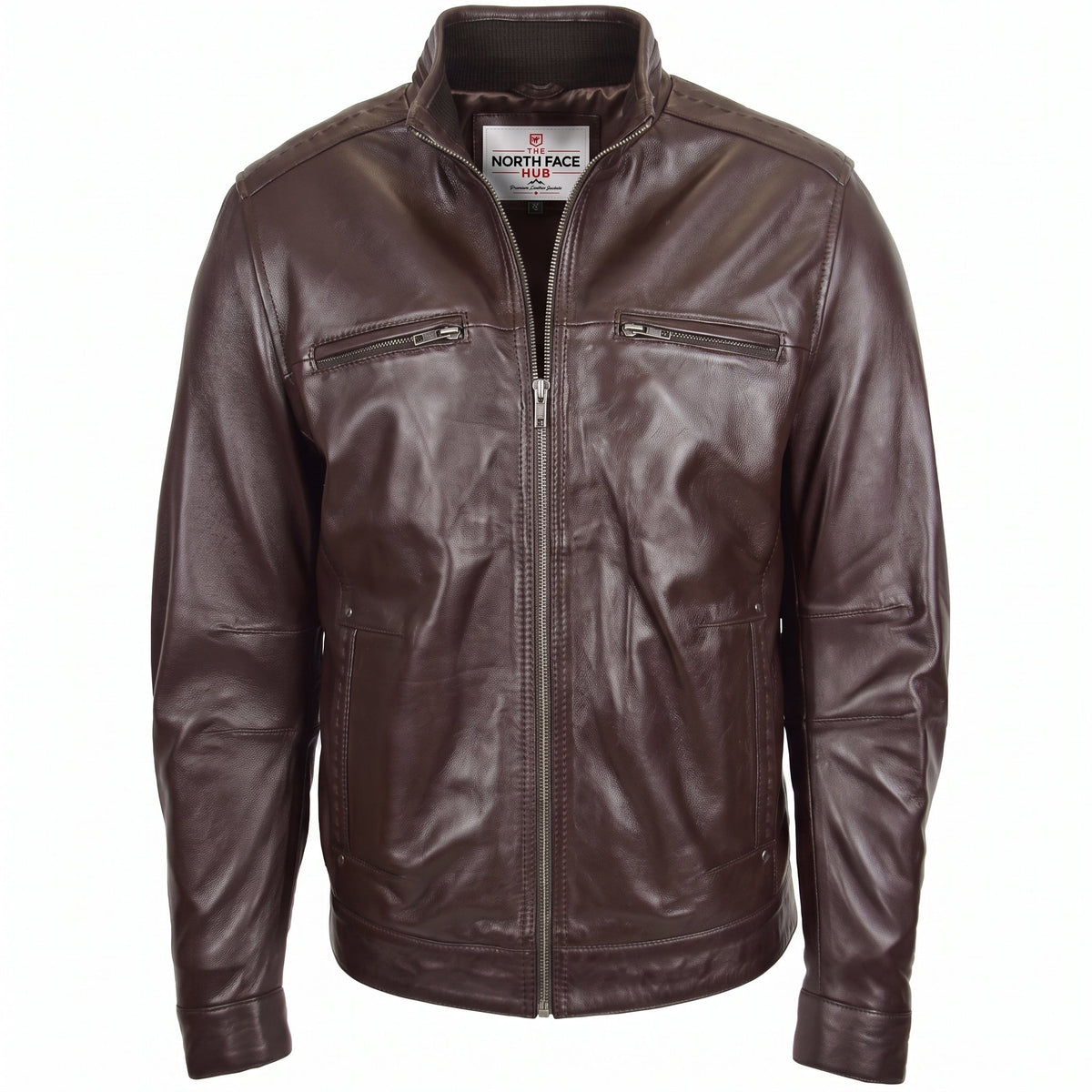 Men's Standing Collar Leather Jacket Tony Zenith Brown
