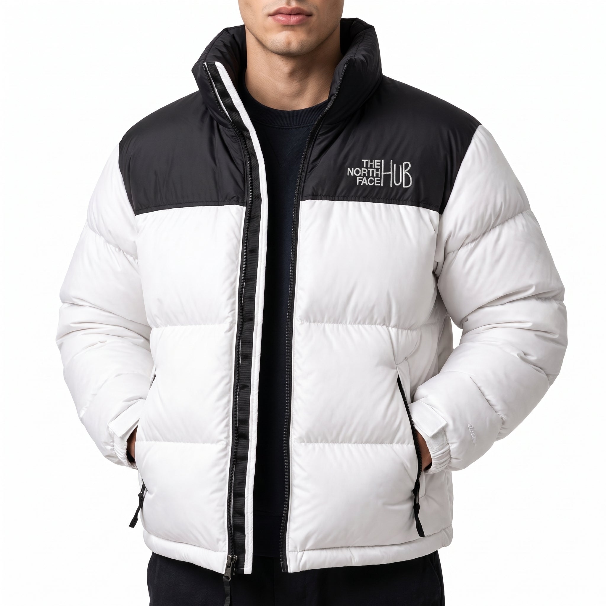 The North Face Hub White Mens Puffer Jacket – Mens Insulated Winter Jacket / Nuptse Puffer Jacket 1996 Retro Coat