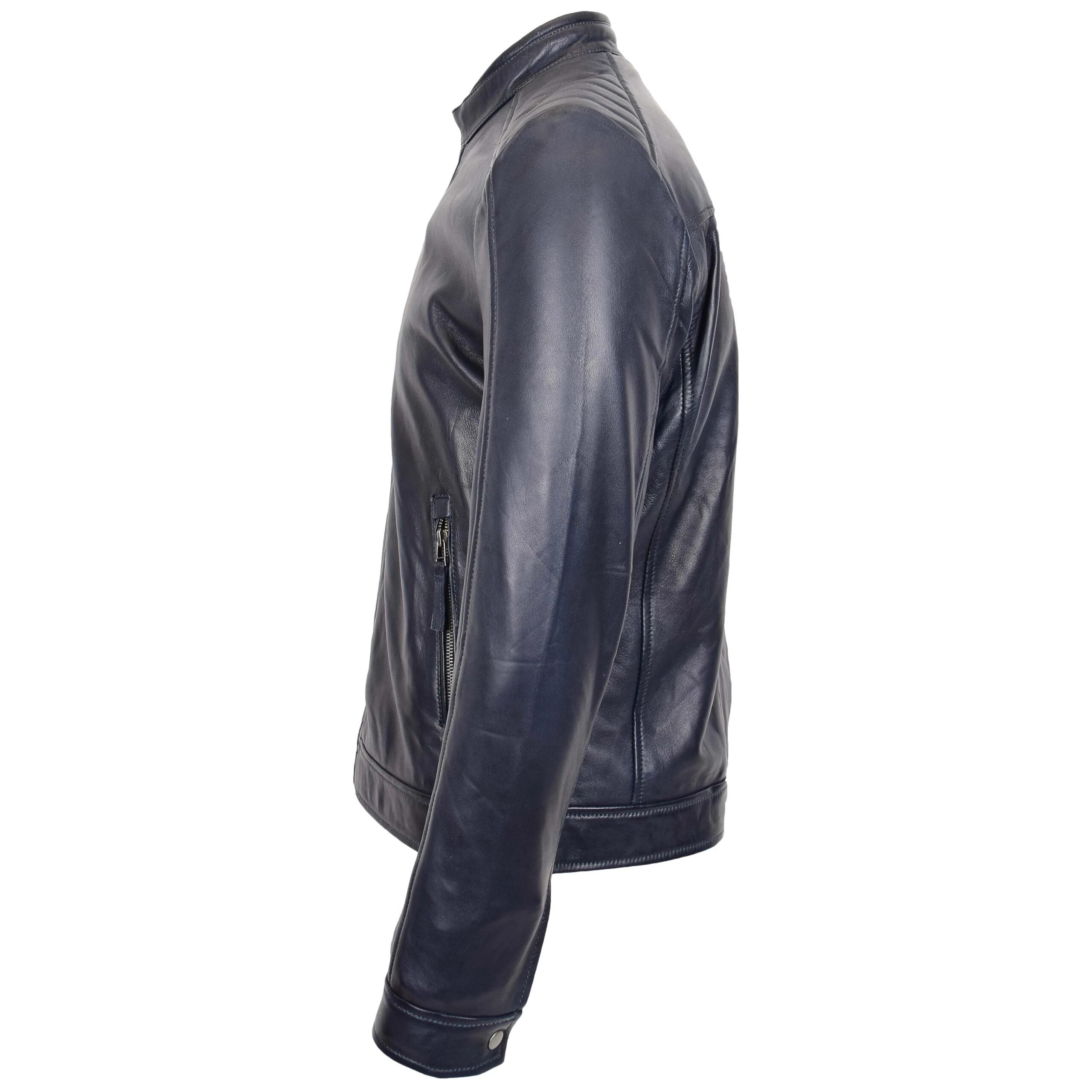 Mens Real Leather Biker Jacket Archie Luna Navy Blue