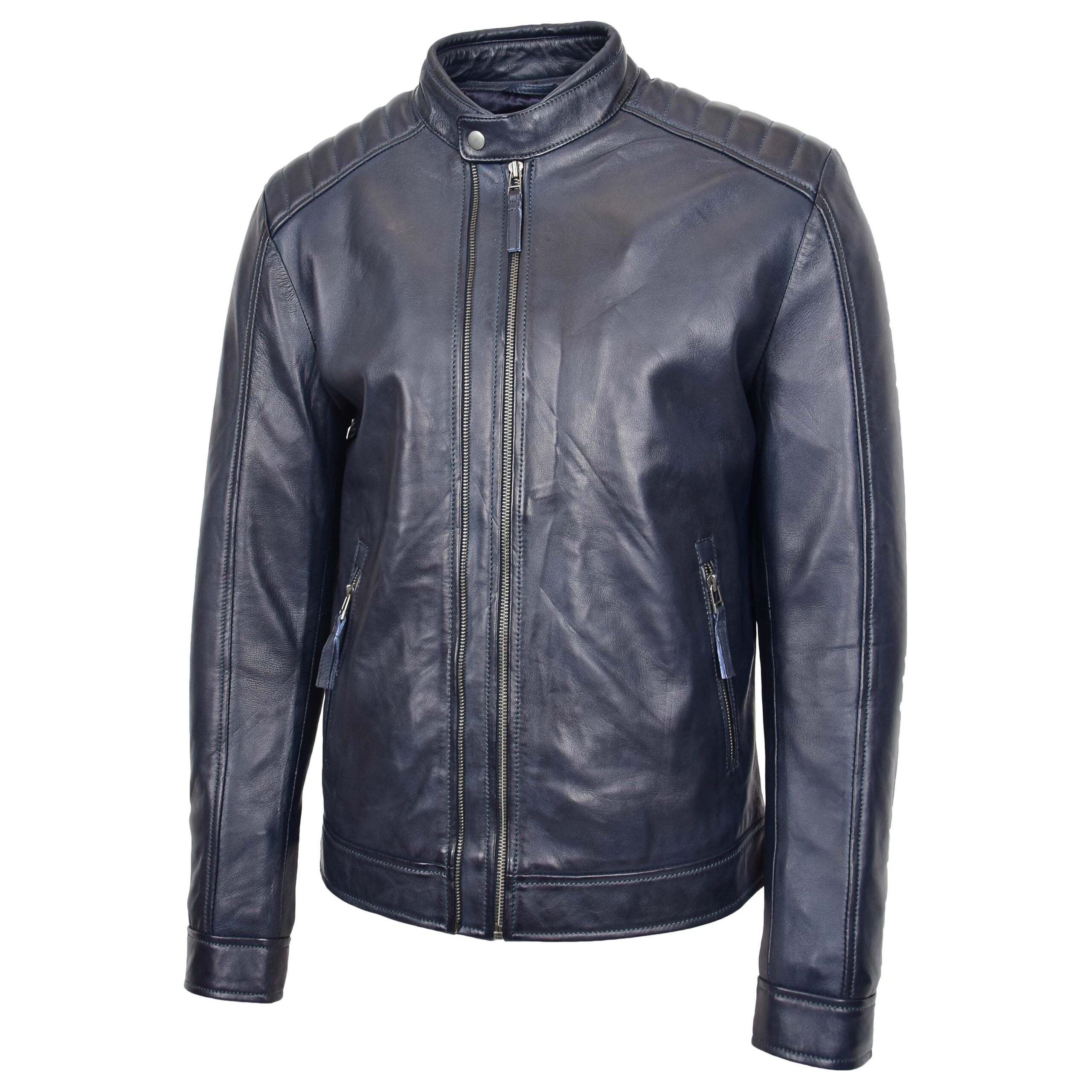 Mens Real Leather Biker Jacket Archie Luna Navy Blue
