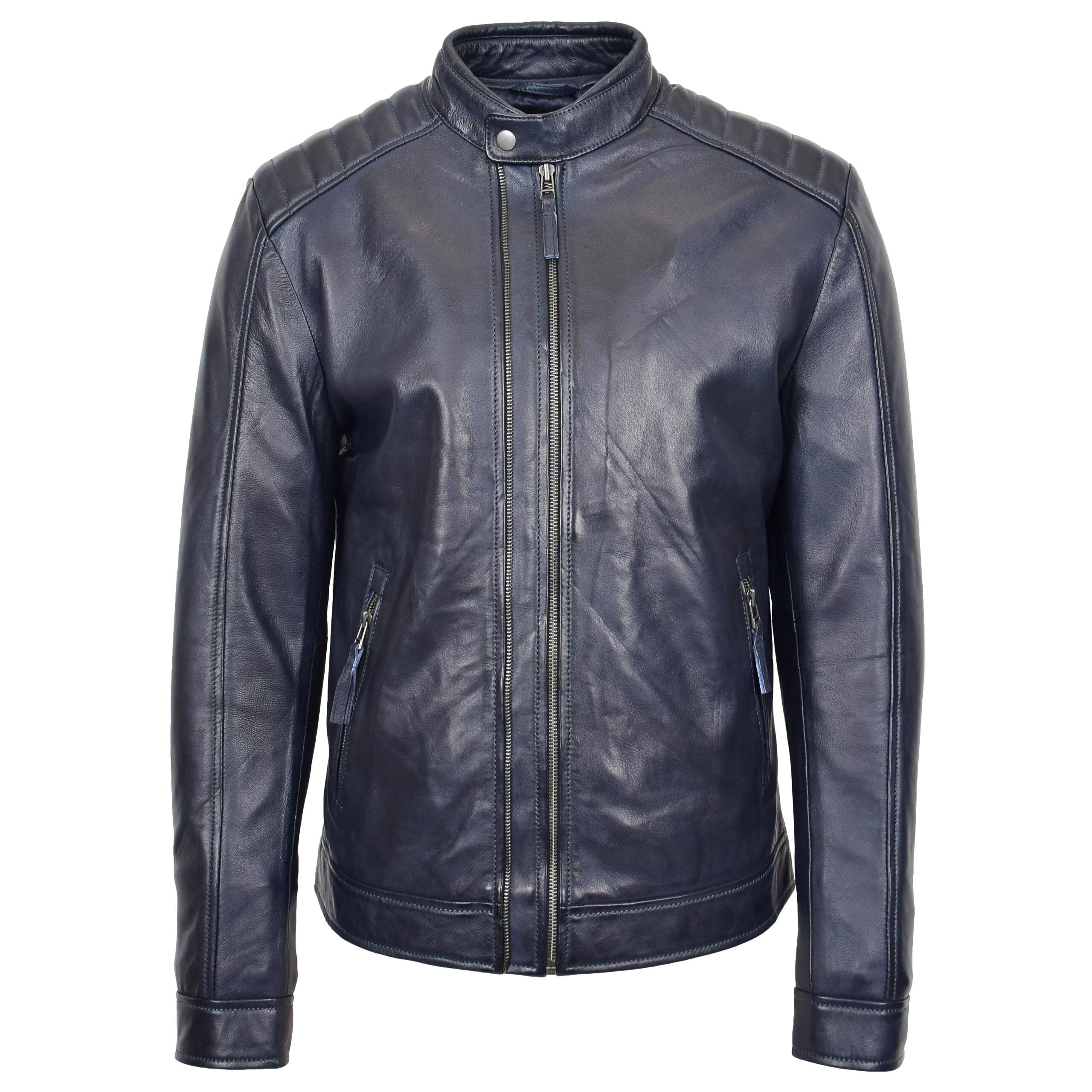 Mens Real Leather Biker Jacket Archie Luna Navy Blue