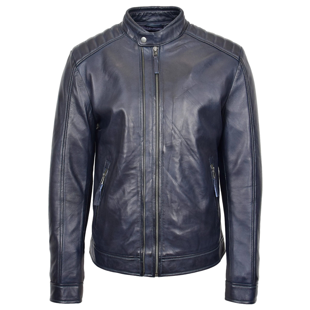 Mens Real Leather Biker Jacket Archie Luna Navy Blue