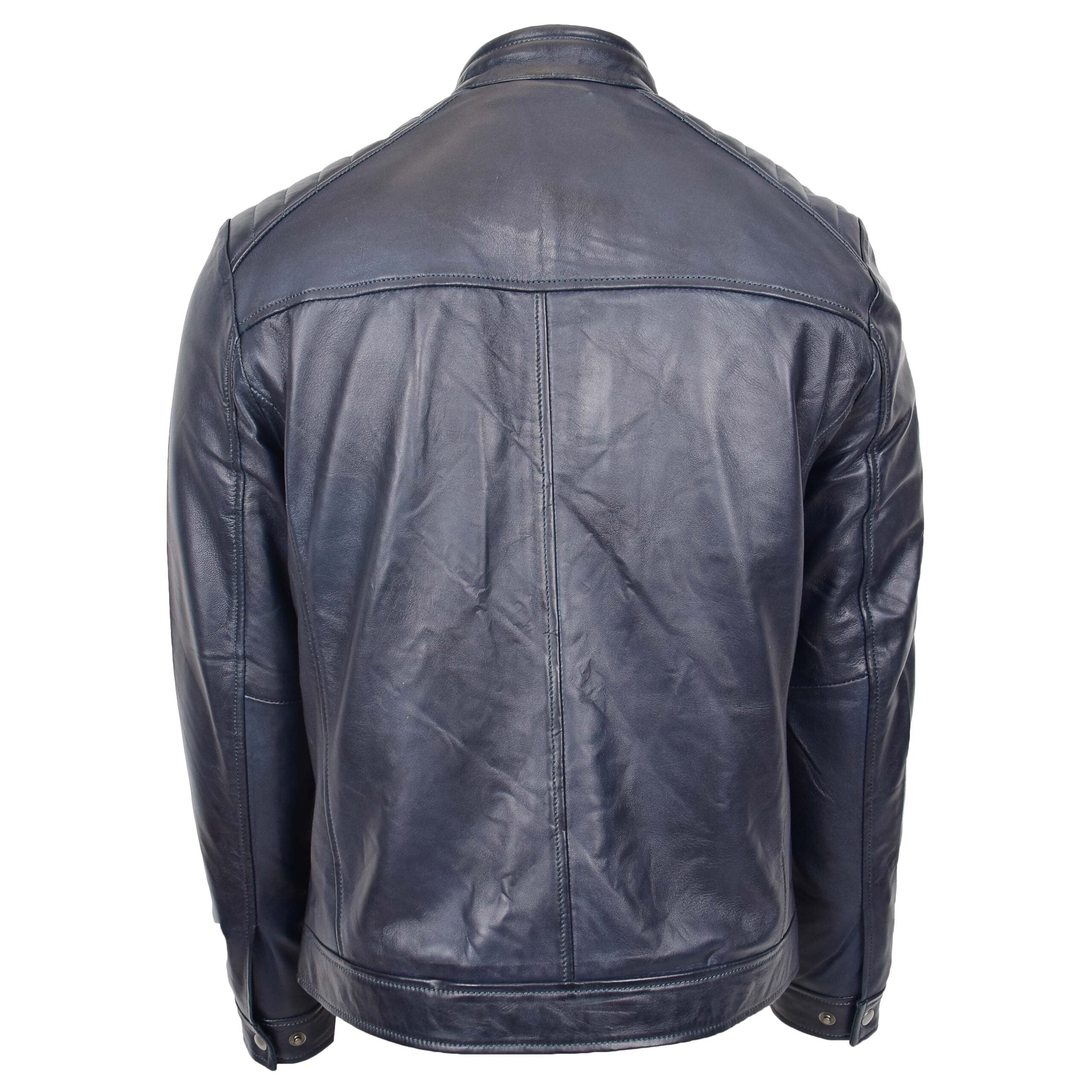 Mens Real Leather Biker Jacket Archie Luna Navy Blue