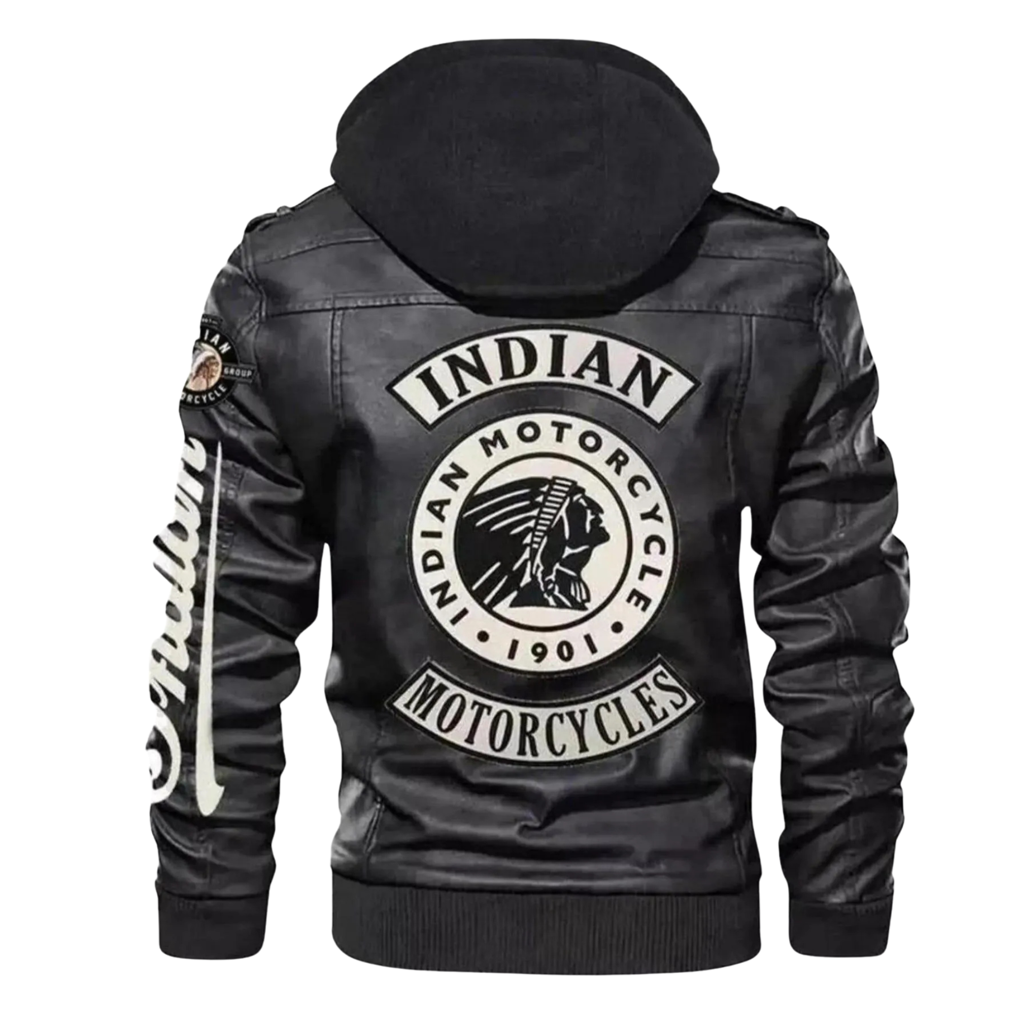 Indian Motorcycle Hooded Leather Biker Jacket Black Zip-Up Moto Coat